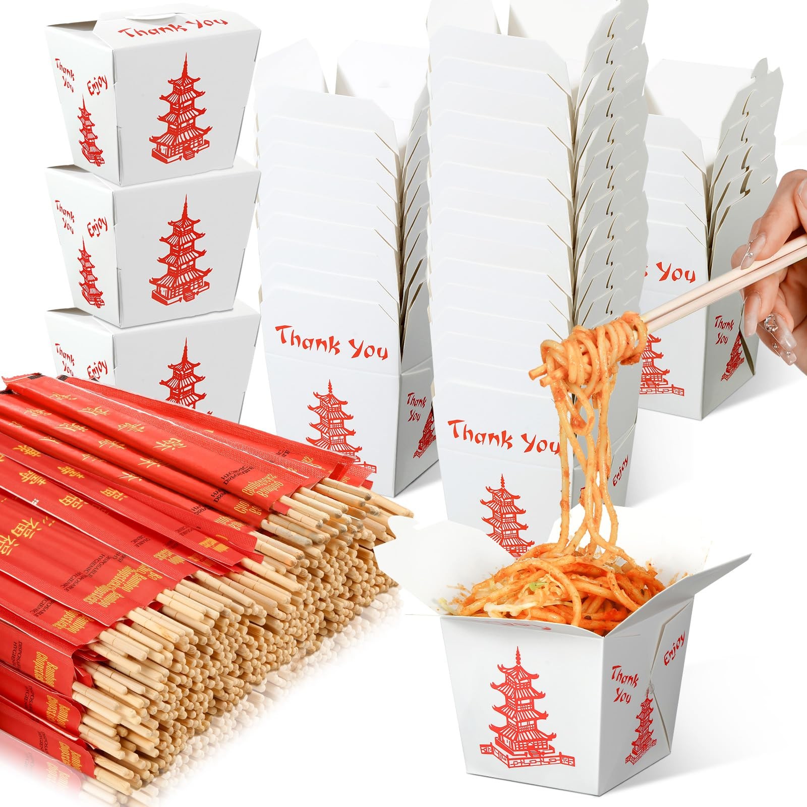 50 Sets 16 oz Chinese Take out Boxes with Chopsticks Paper Food Containers in…