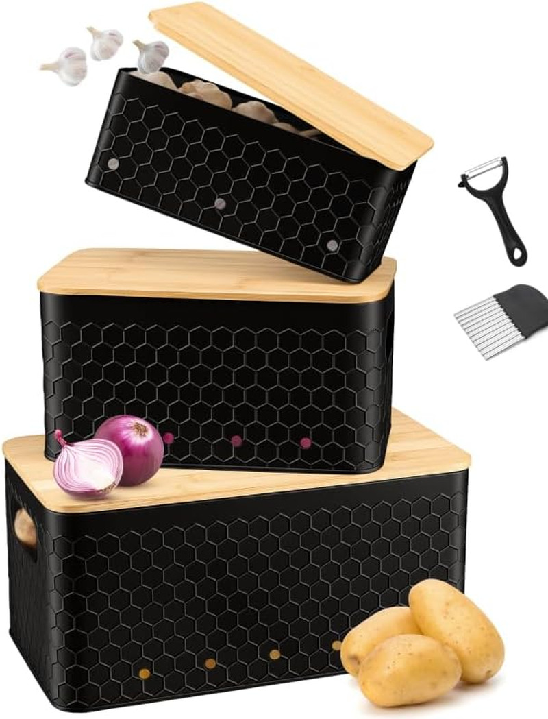 Kitchen Vegetable Storage Set of 3, Metal Onion Garlic Potato Storage Set, Kitch