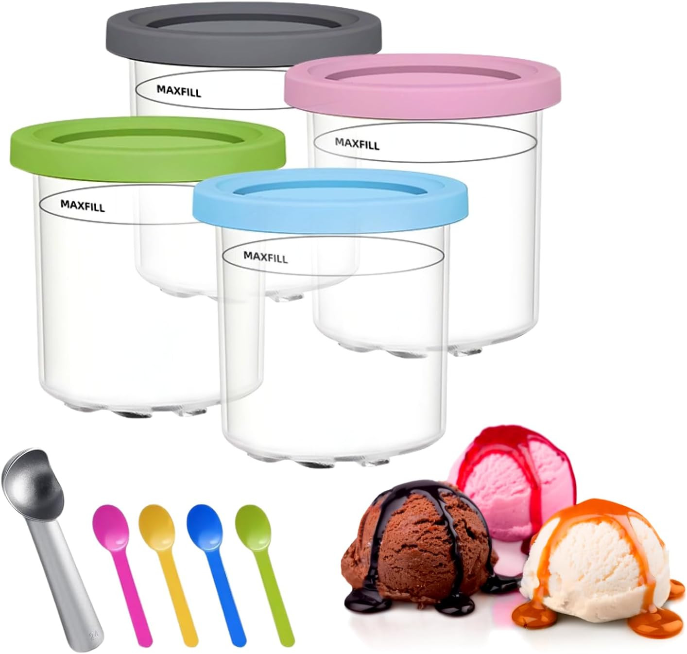 4-Pack 16 Oz Ice Cream Containers with Lids, 4 Spoons and 1 Scoop – Compatible w