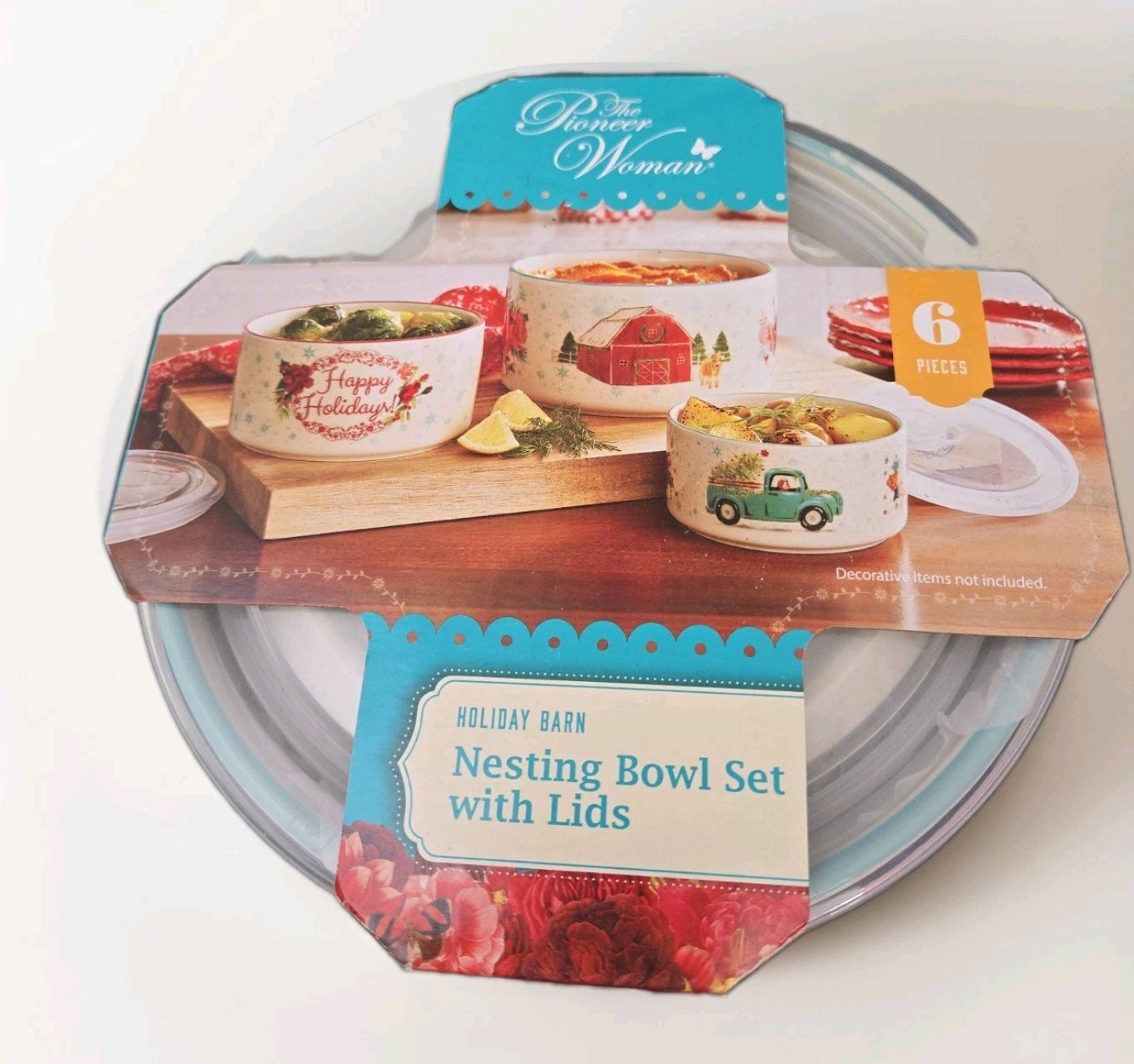 Pioneer Woman 6 Pc Round Ceramic Nesting Bowls & Lids New Holiday Barn Tree Car