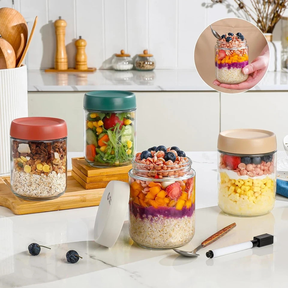 Overnight Oats Containers with Lids,16oz Glass Jars with Lids – Set Of 4, Practi