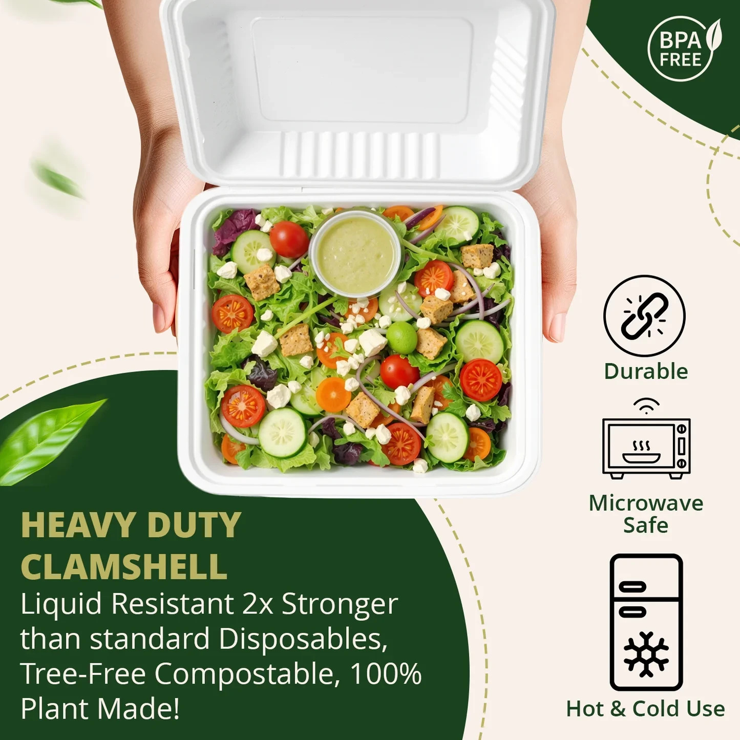 Naturawave Essentials 8″ x 8″ Compostable Clamshell Food Containers 50-Pack