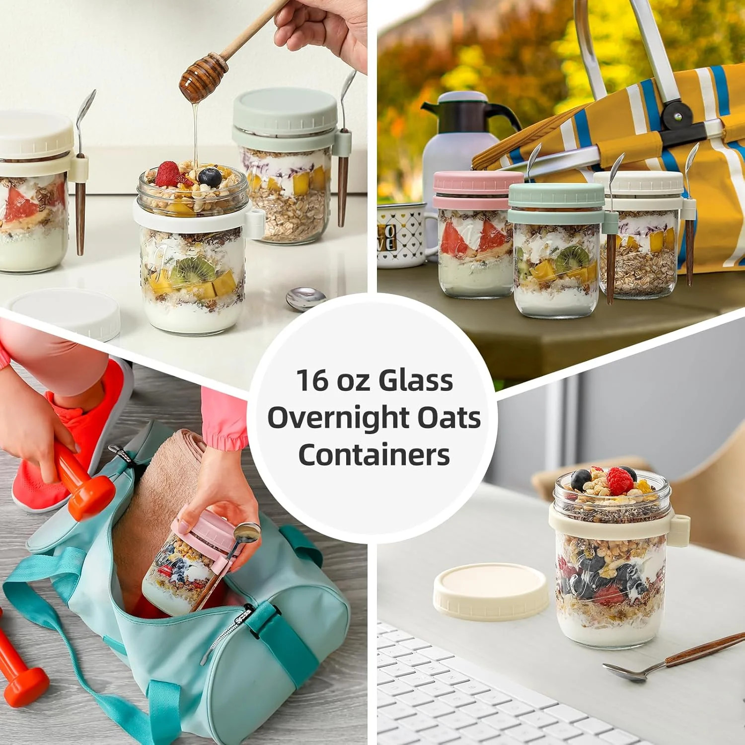 4 Pack Overnight Oats Containers with Lids and Spoons, 16 oz Glass Mason Jars wi