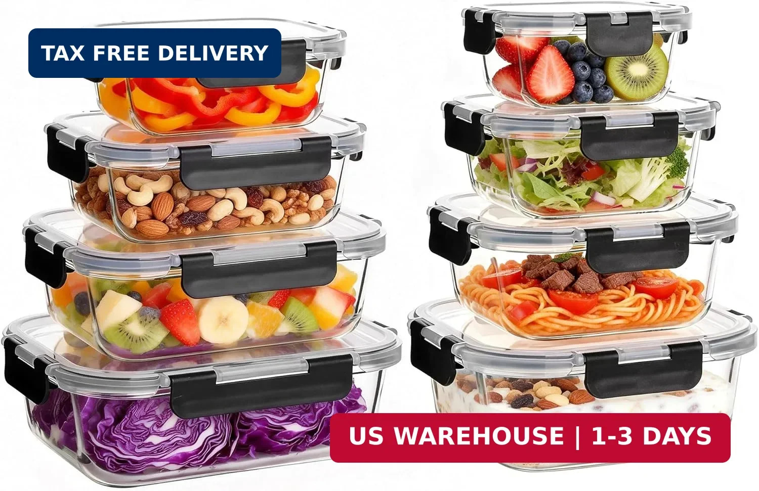 8 Pack Glass Meal Prep Containers with Lids, Extra Thick Airtight Food Storage S