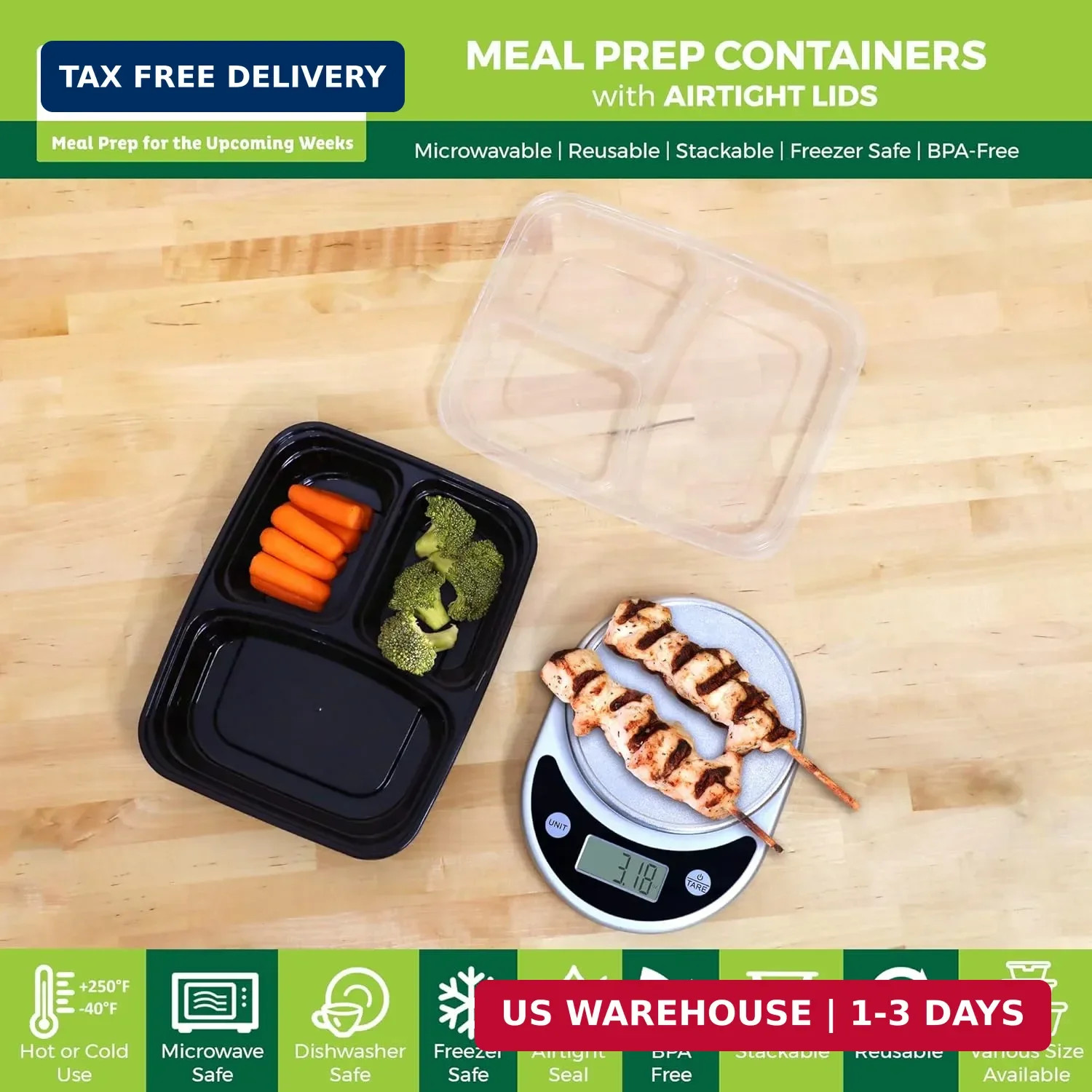 Freshware Meal Prep Containers [50 Pack] 3 Compartment Food Storage Containers w