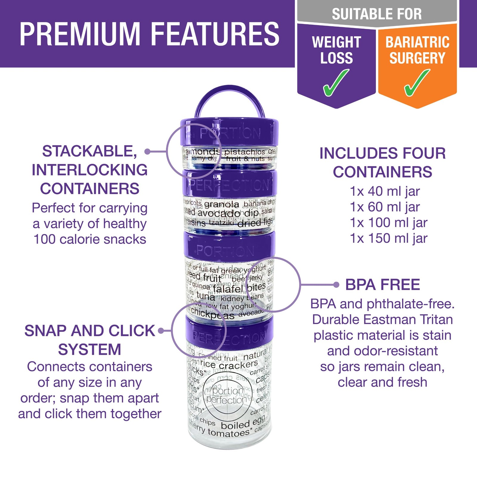 100 Cal Stackable Snack Containers for Weight Management, Food Portion Contro…