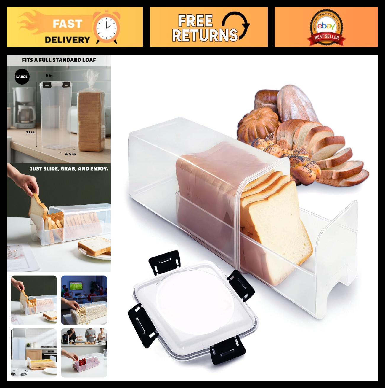 Airtight Slide-Out Bread Storage Box, Clear Plastic Container for Loaves & Bagel