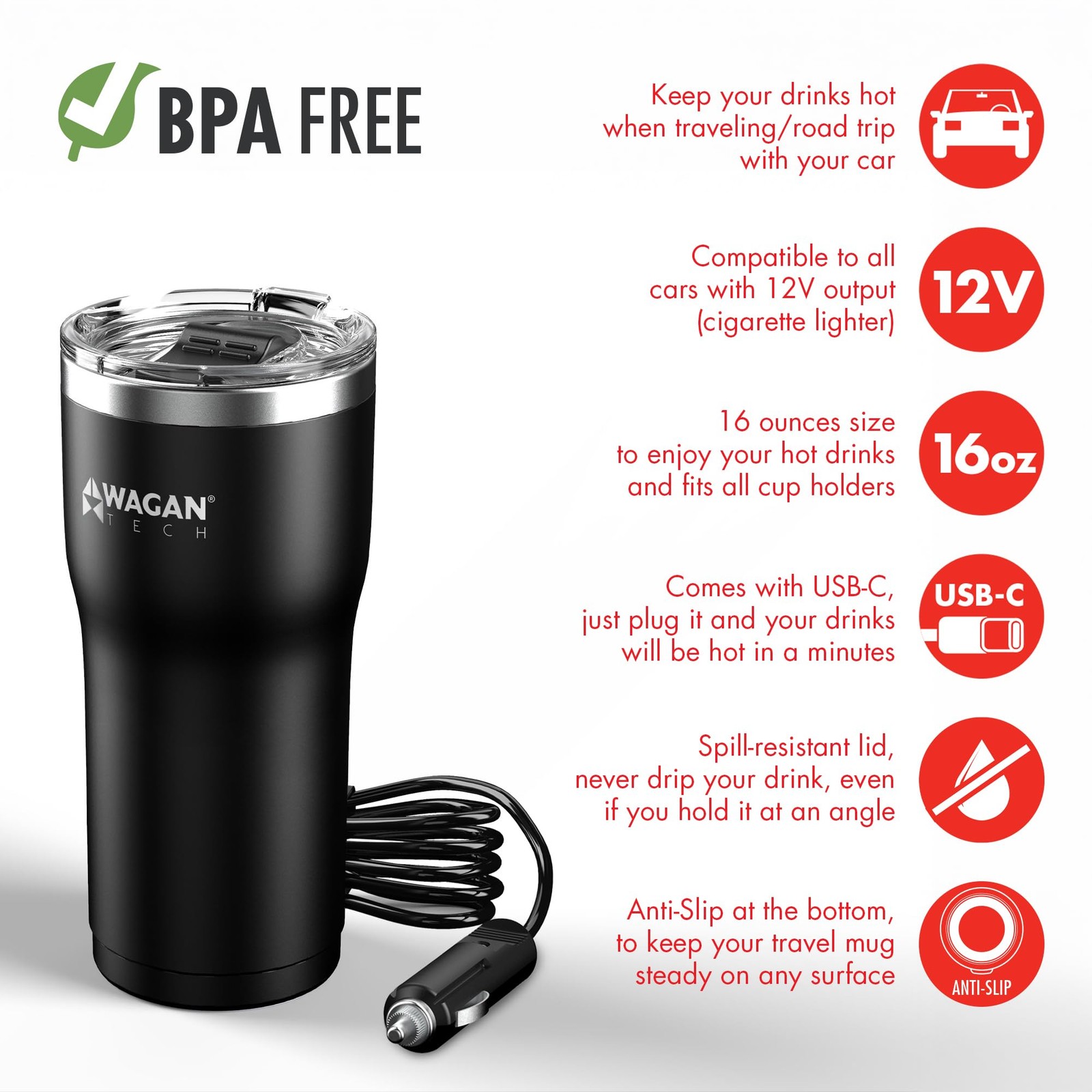 Wagan El6101 12V Travel Car Heated Mug Portable 16Oz Stainless Steel Usbc Pd20W