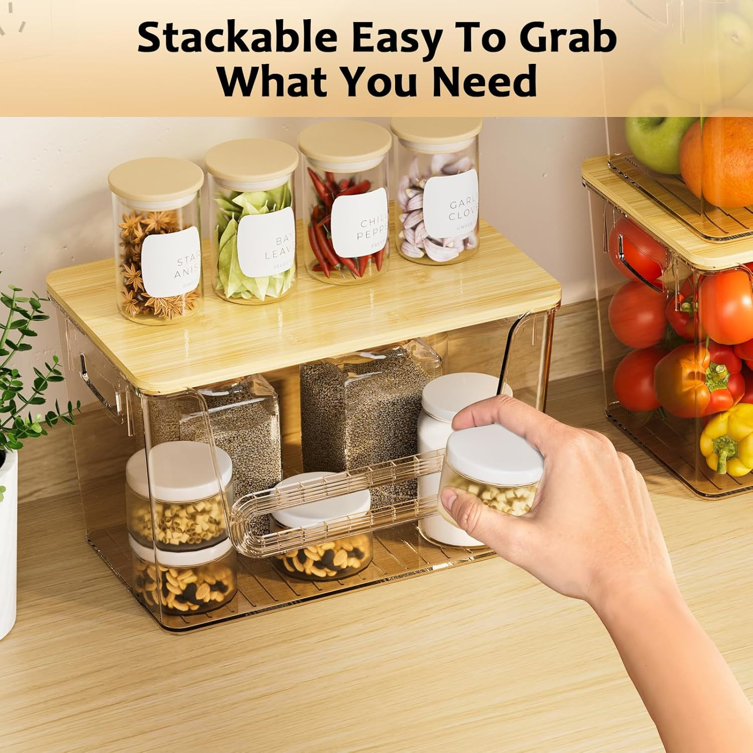 Potato Onion Storage Bin, 2 Pack Stackable Kitchen Pantry Organizer with Bamboo