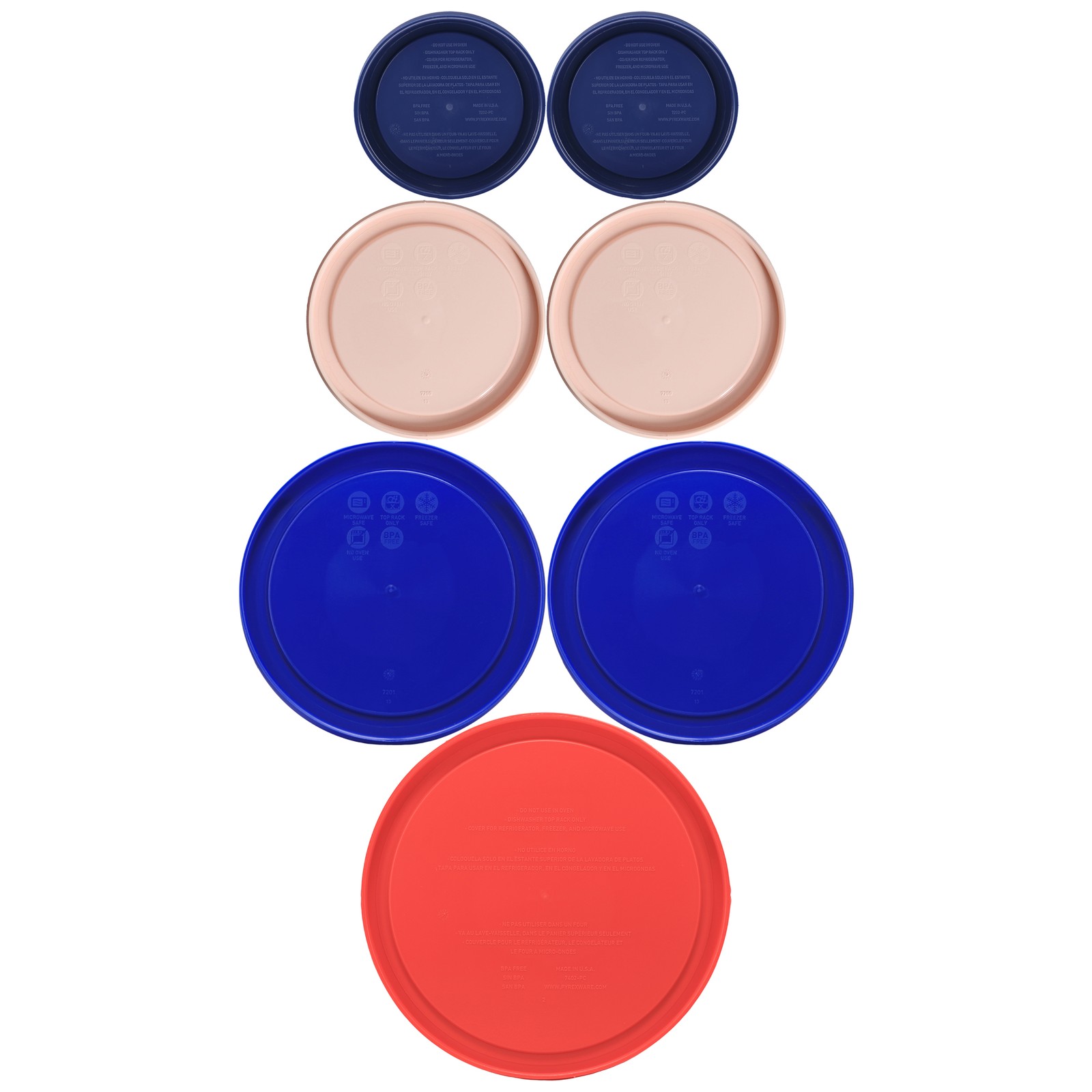 Pyrex Lids Bundle: (2) 7202 BL, (2) 7200 RSW, (2) 7201 CB, (1) 7402-PC RD
