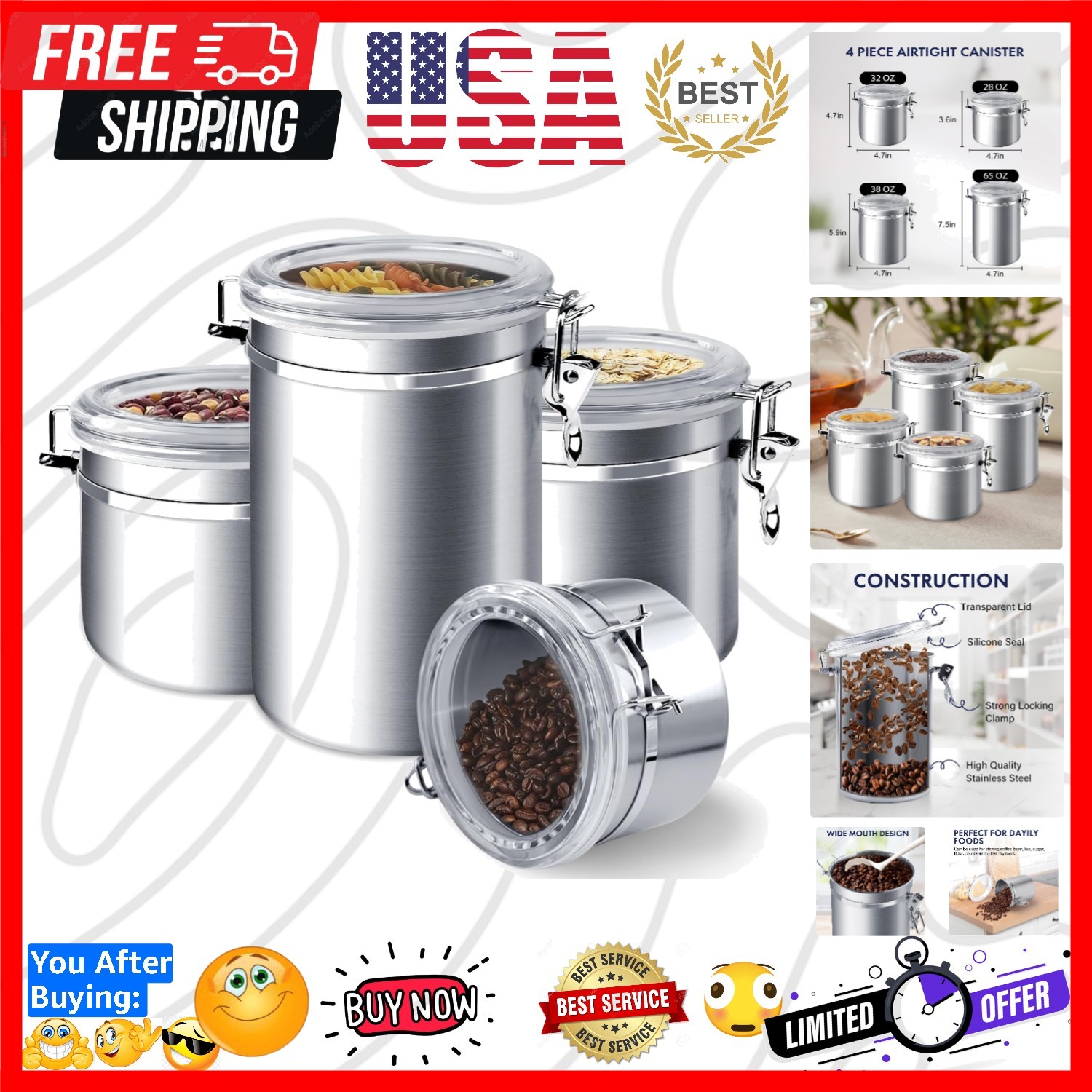 4-Piece Stainless Steel Airtight Food Storage Canister Set with Clear Lid, Co…