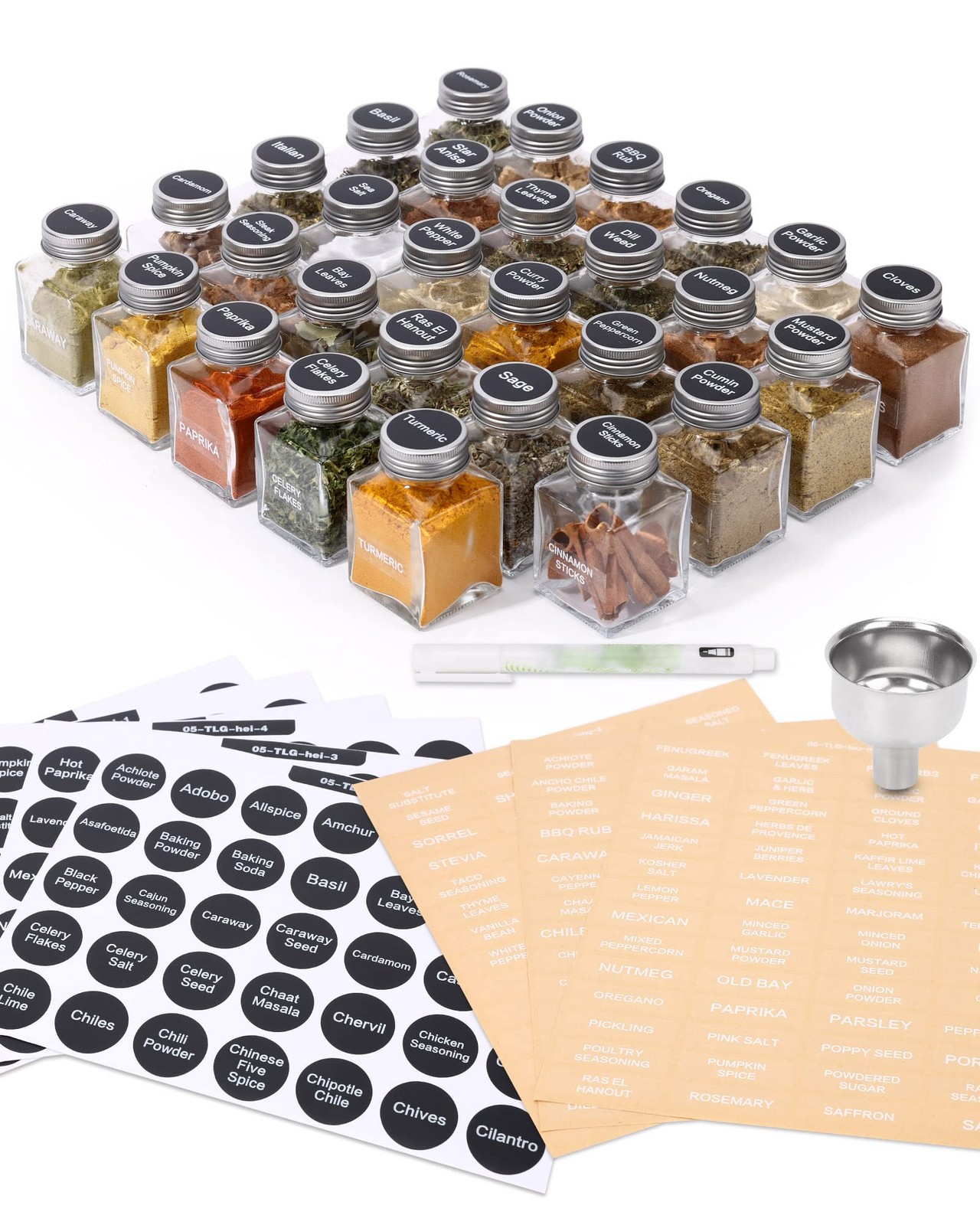 Unique Design Spice Jars with 372 Labels, 29-Pack 4.5 oz Personalized Cubic C…