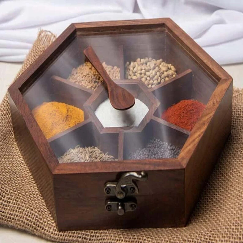Wooden Hexagonal Spice Masala Box Dabba 6 Containers Set for Kitchen with Spoon