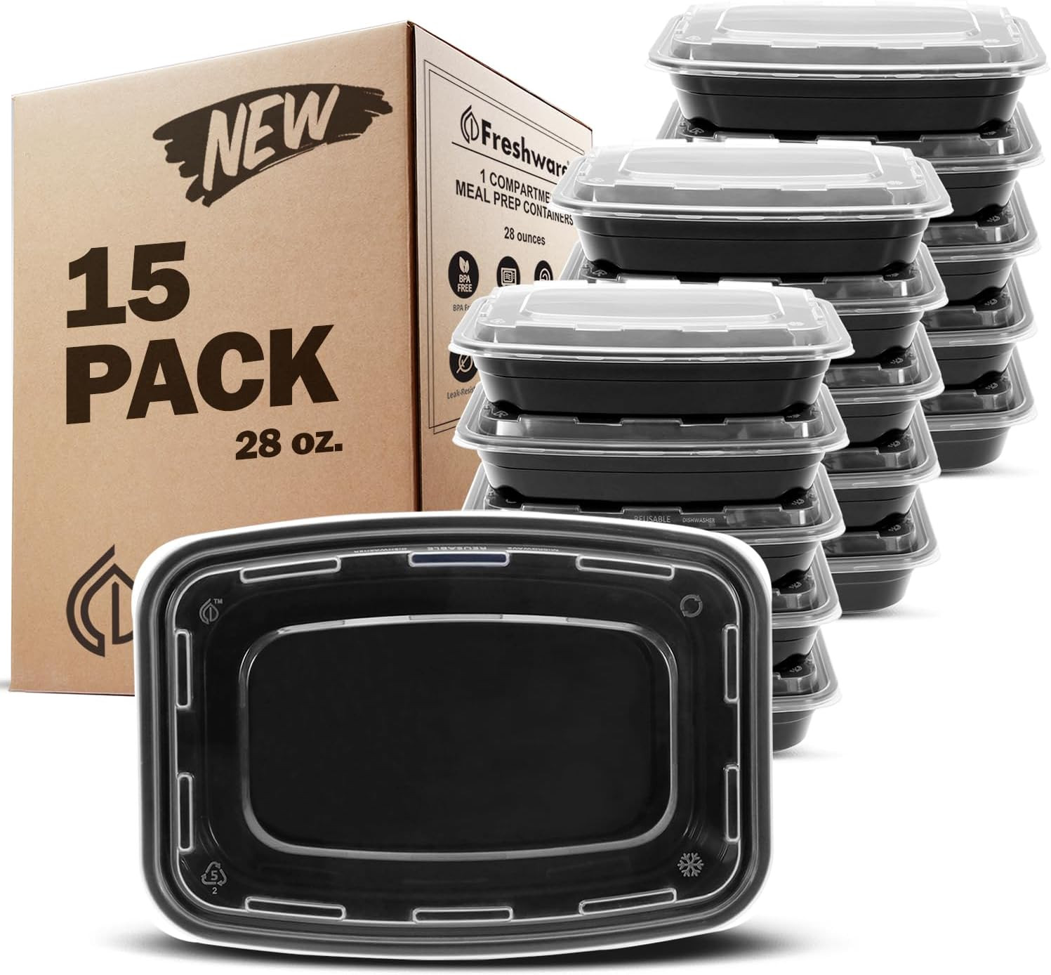 Meal Prep Containers 15 Count, Compartment Food Storage, 28 Oz, BPA Free, Stacka