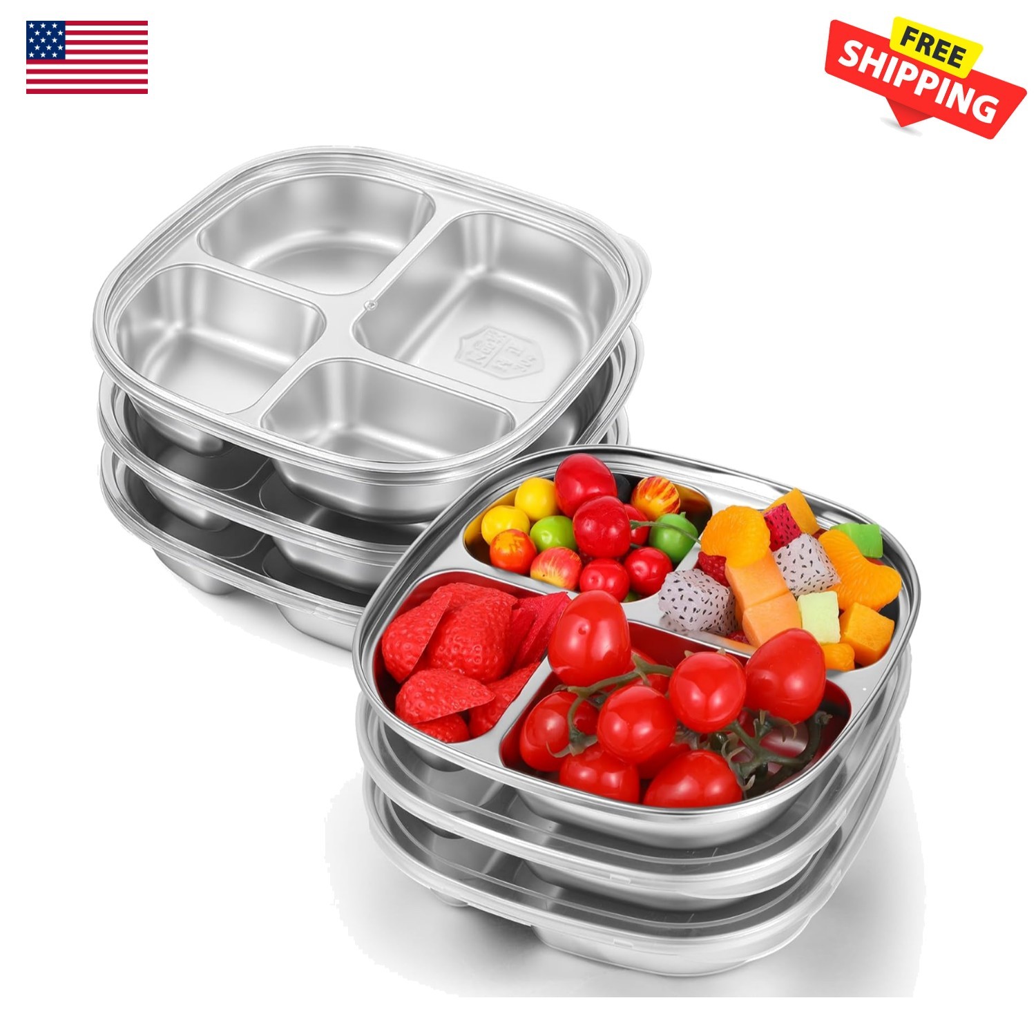 Dishwasher Safe 6-Pack Stainless Steel Lunch Box with 4 Compartments for Snacks