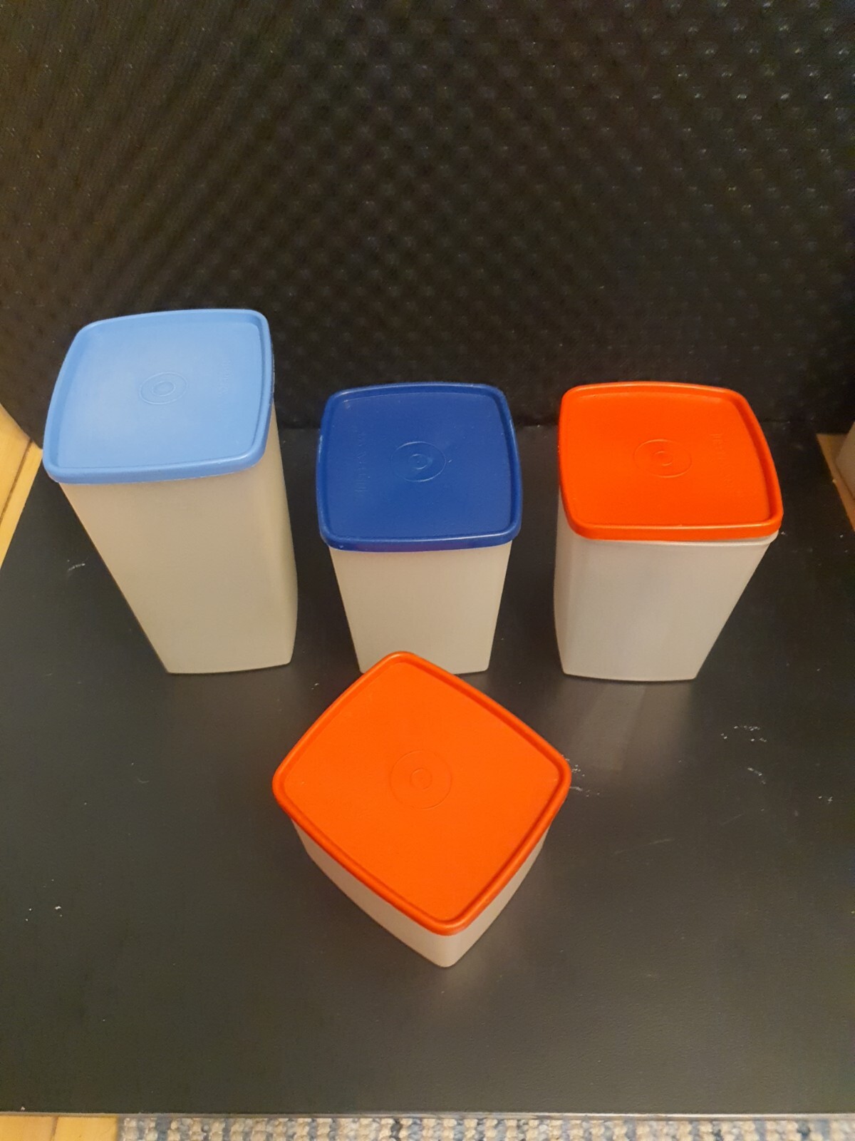 Tupperware Set 4 Storage Canisters Blue Red Lids Good Used Condition Clear