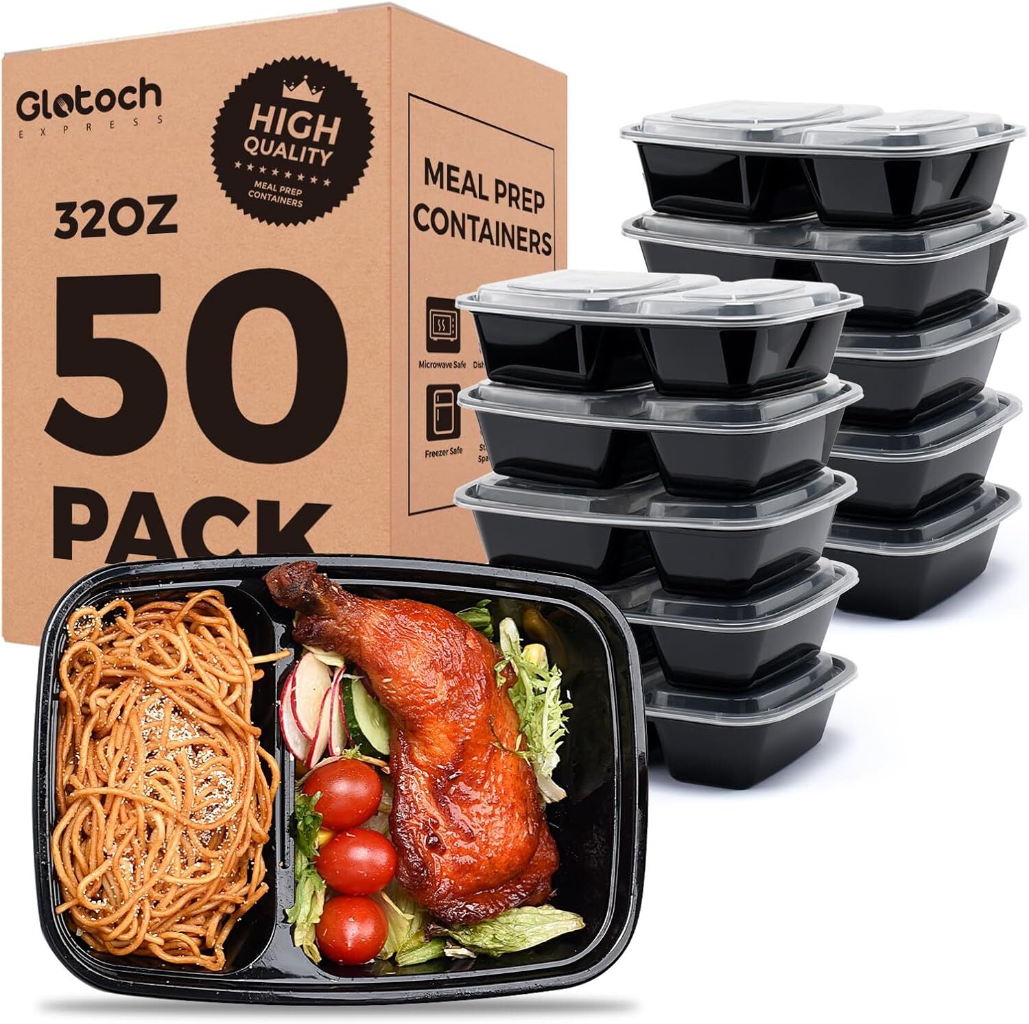 50Pack 32oz Meal Prep Containers Reusable,2Compartment Food Containers with Lids