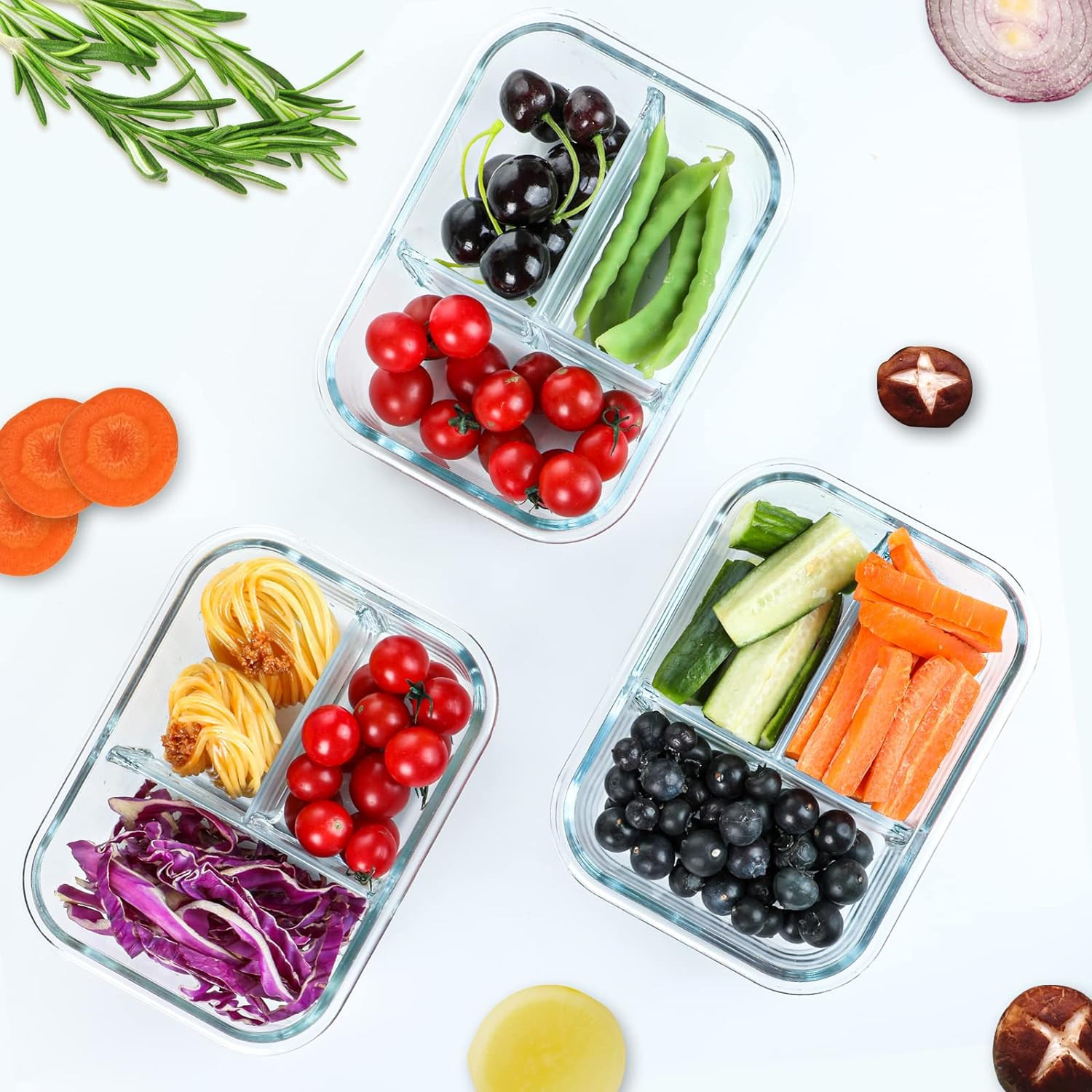 5-Pack Glass Meal Prep Containers, 36 Oz, 3 Compartment with Lids