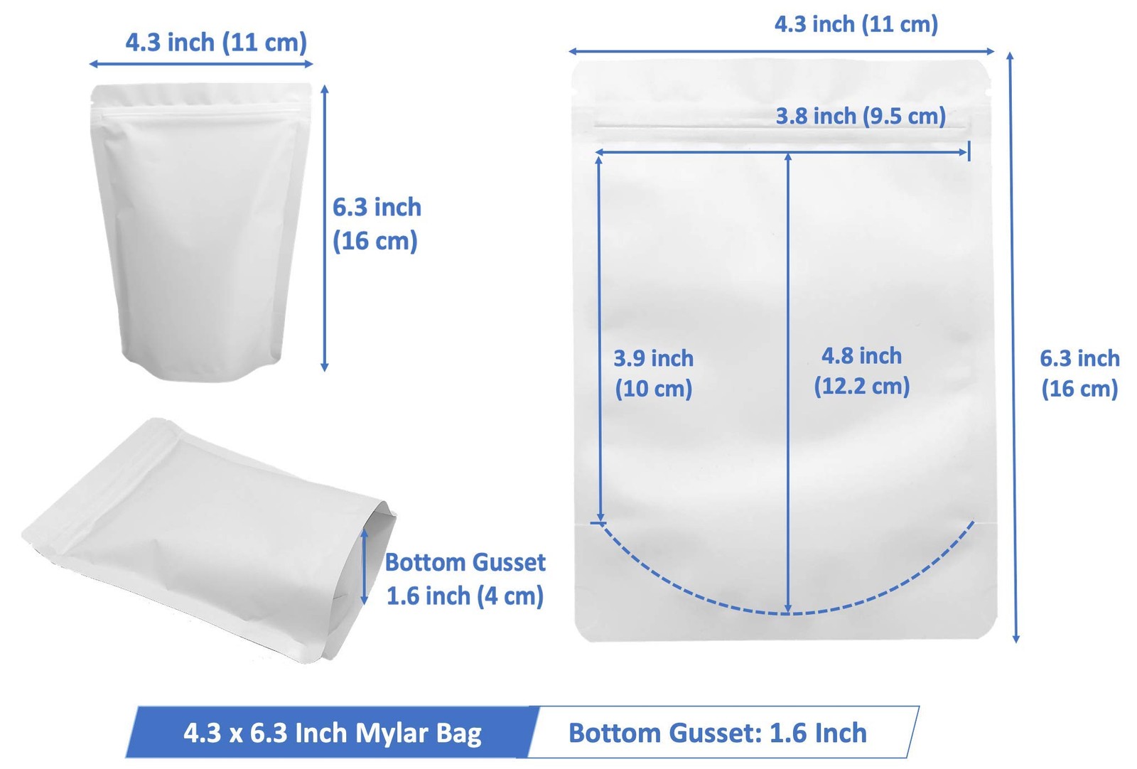 100 Pack Matte White Mylar Stand up Bags – 4.3X6.3 Inches Resealable Smell Proof