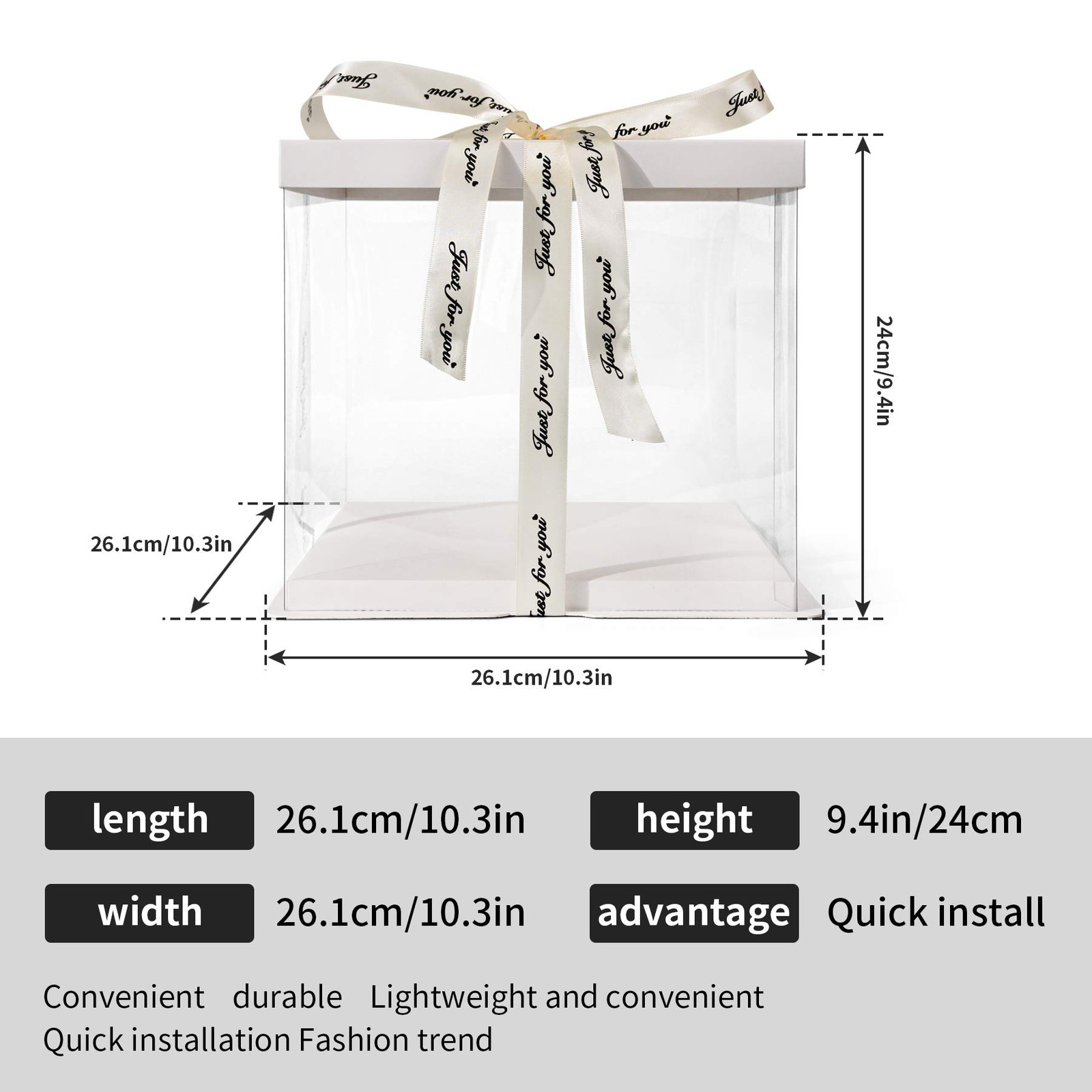 2-Pack 10″x10″x9″ White Clear Cake Box Carrier Container with Lid Ribbon