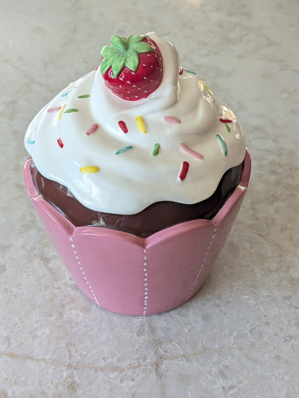 Pink & White Cupcake w/ Strawberry & Sprinkles Cookie Jar Ceramic Pier 1 Imports