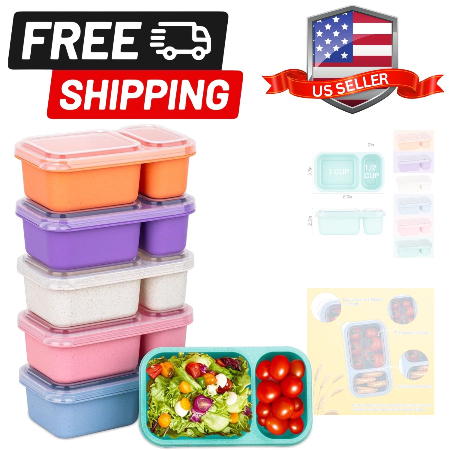 2-Compartment Reusable Snack Containers with Lids Wheat Straw Reusable Snack …