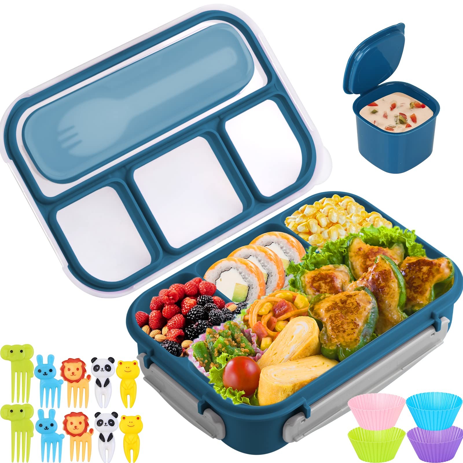 Yumuk Bento Box, Lunch Box Kids, 1300ML Adult with 4 Compartment &Food Blue