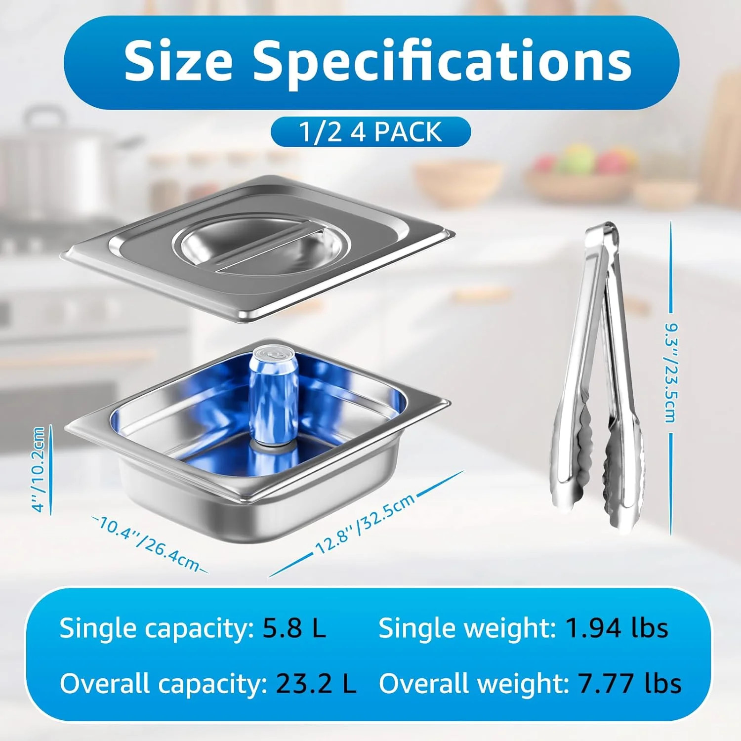 1/2 Half Size Commercial Hotel Pans 4″ Deep (4 Pack), Stainless Steel Steam Tabl