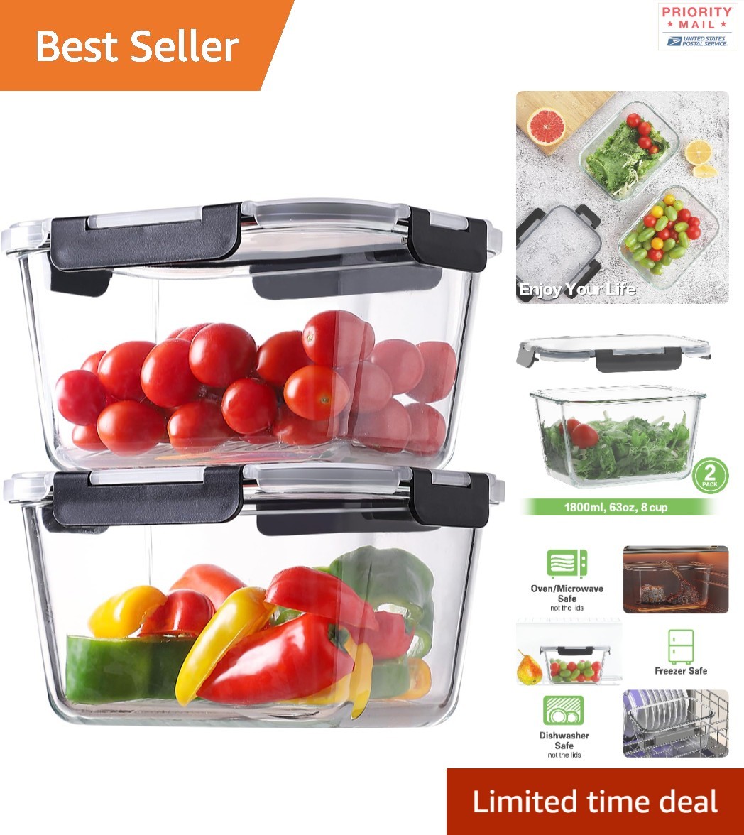 Large Glass Food Storage Containers Set 2 Pieces 1800ml Airtight Versatile Use