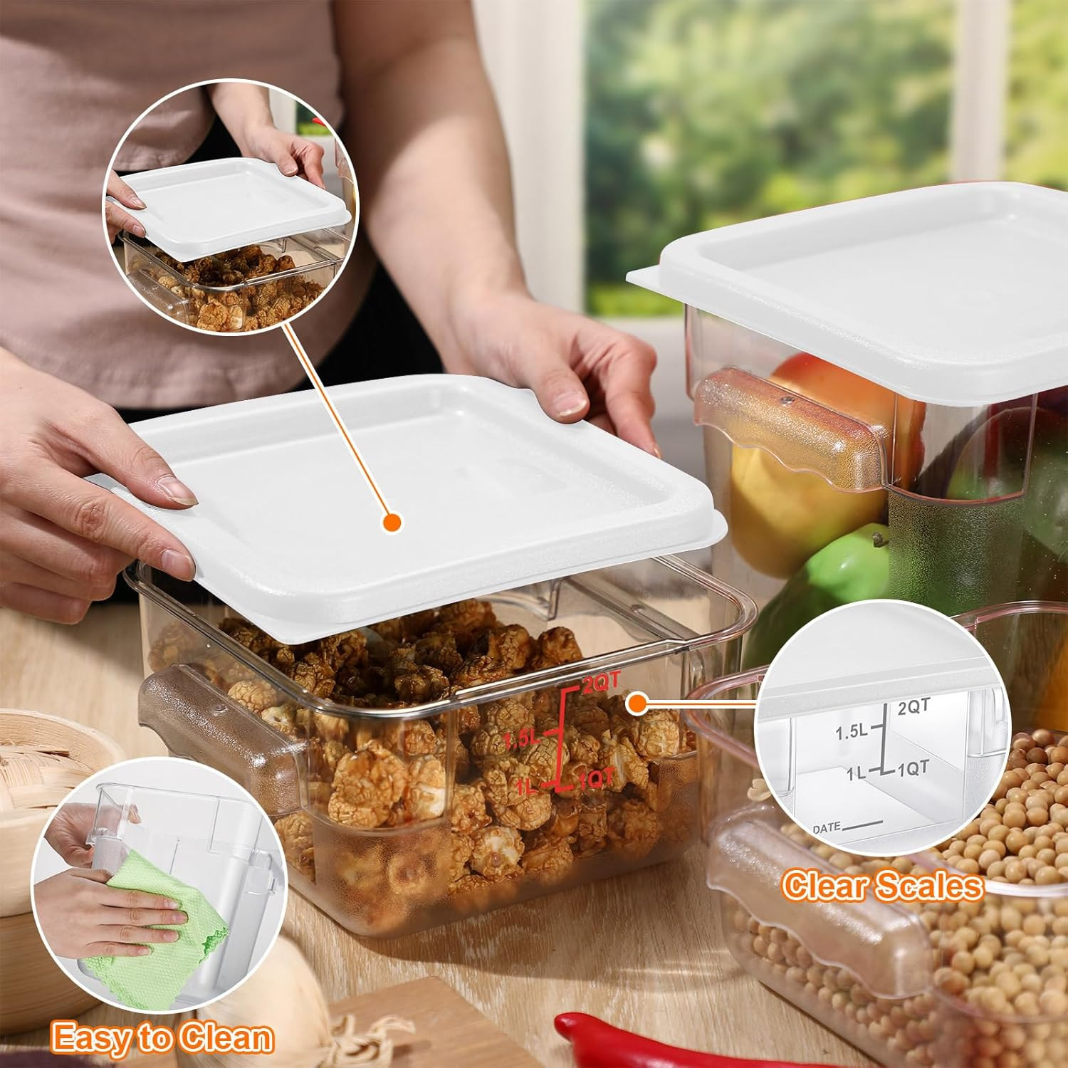 8 Pcs Food Storage Container with Lids Set 2Qt and 4Qt Square Clear Commercial C