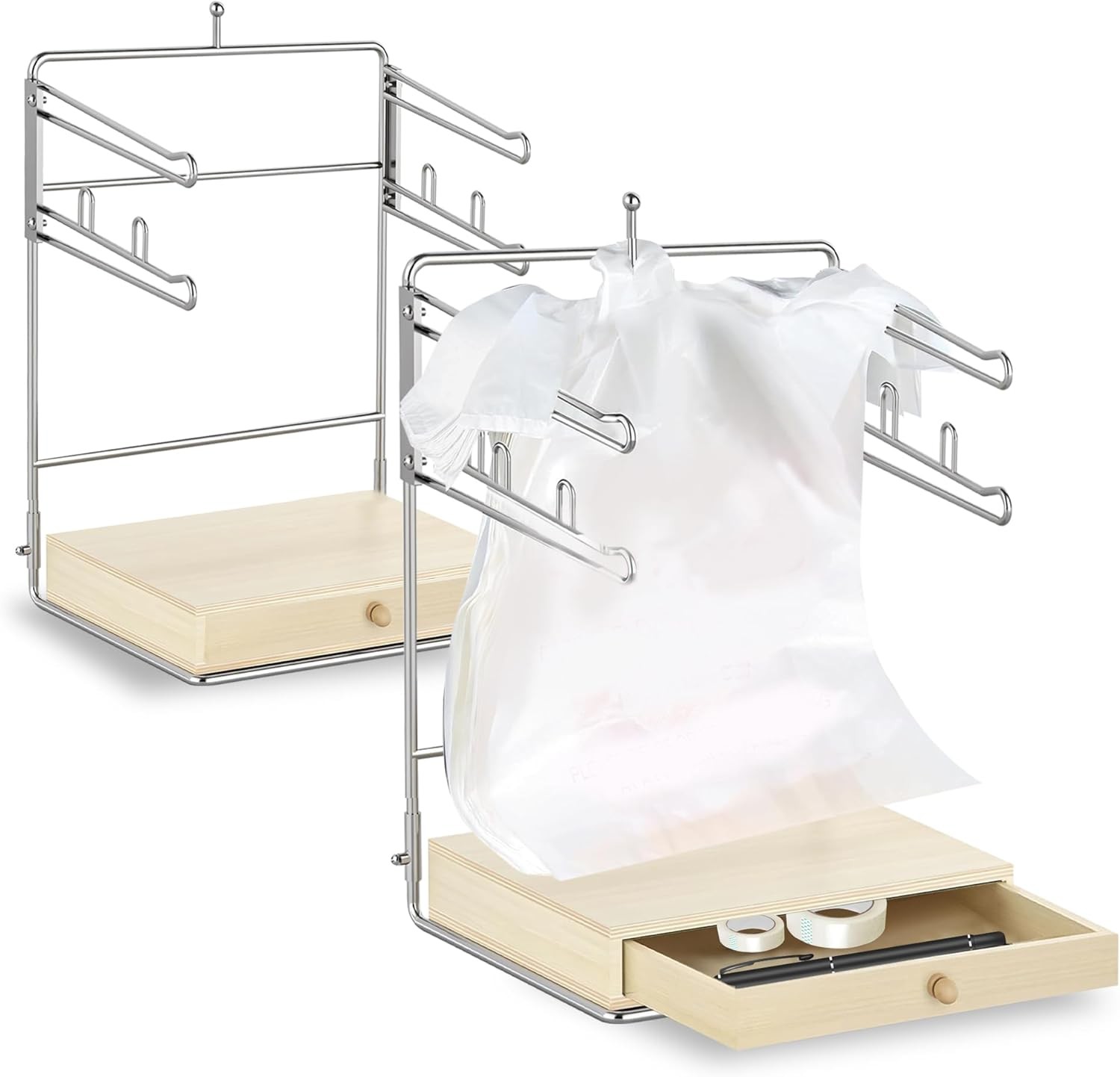 2Pcs Plastic Bag Holder, Detachable Chrome Grocery with Wooden Drawers Base