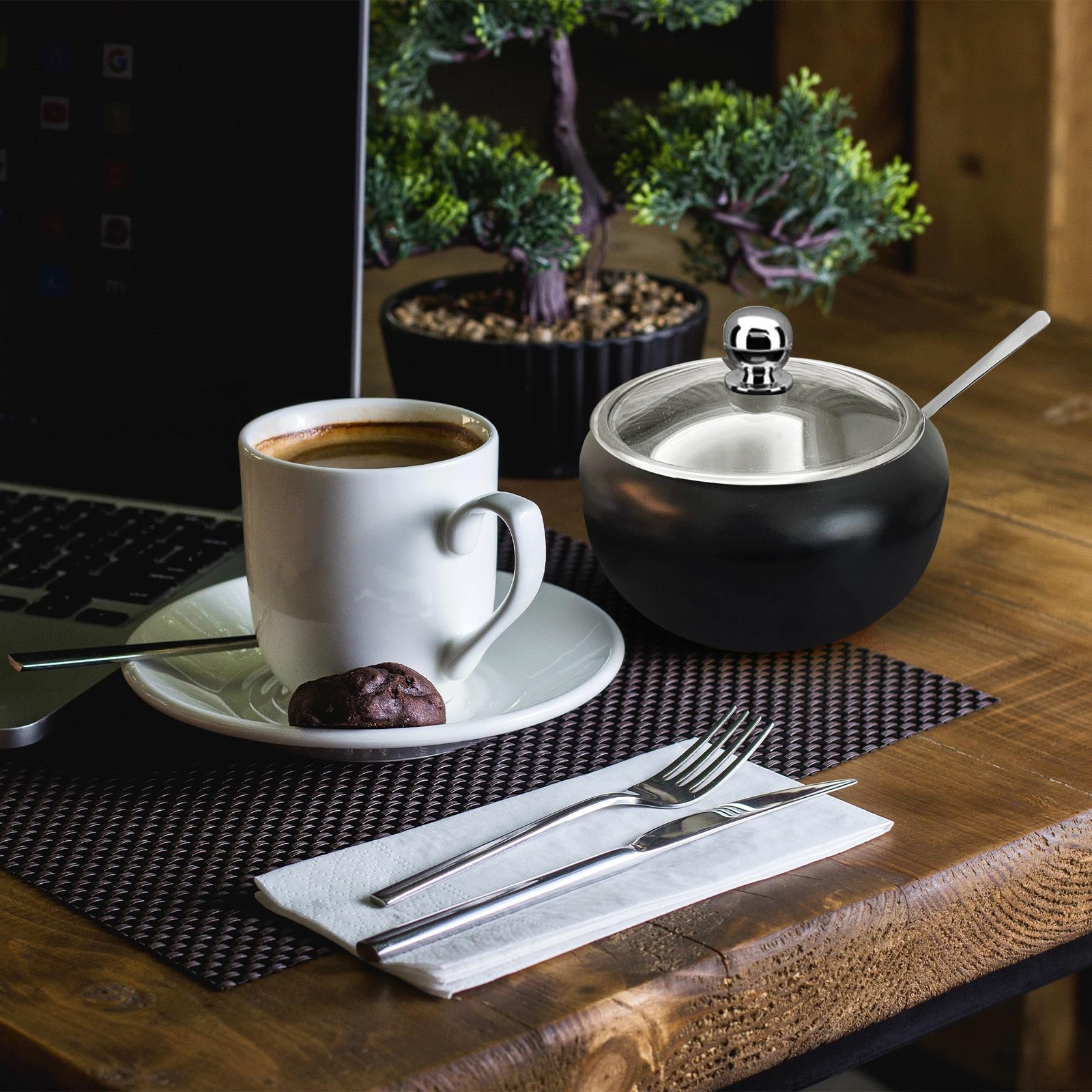 Sugar Bowl with Lid and Spoon | 12oz Container Standard, Matte Black