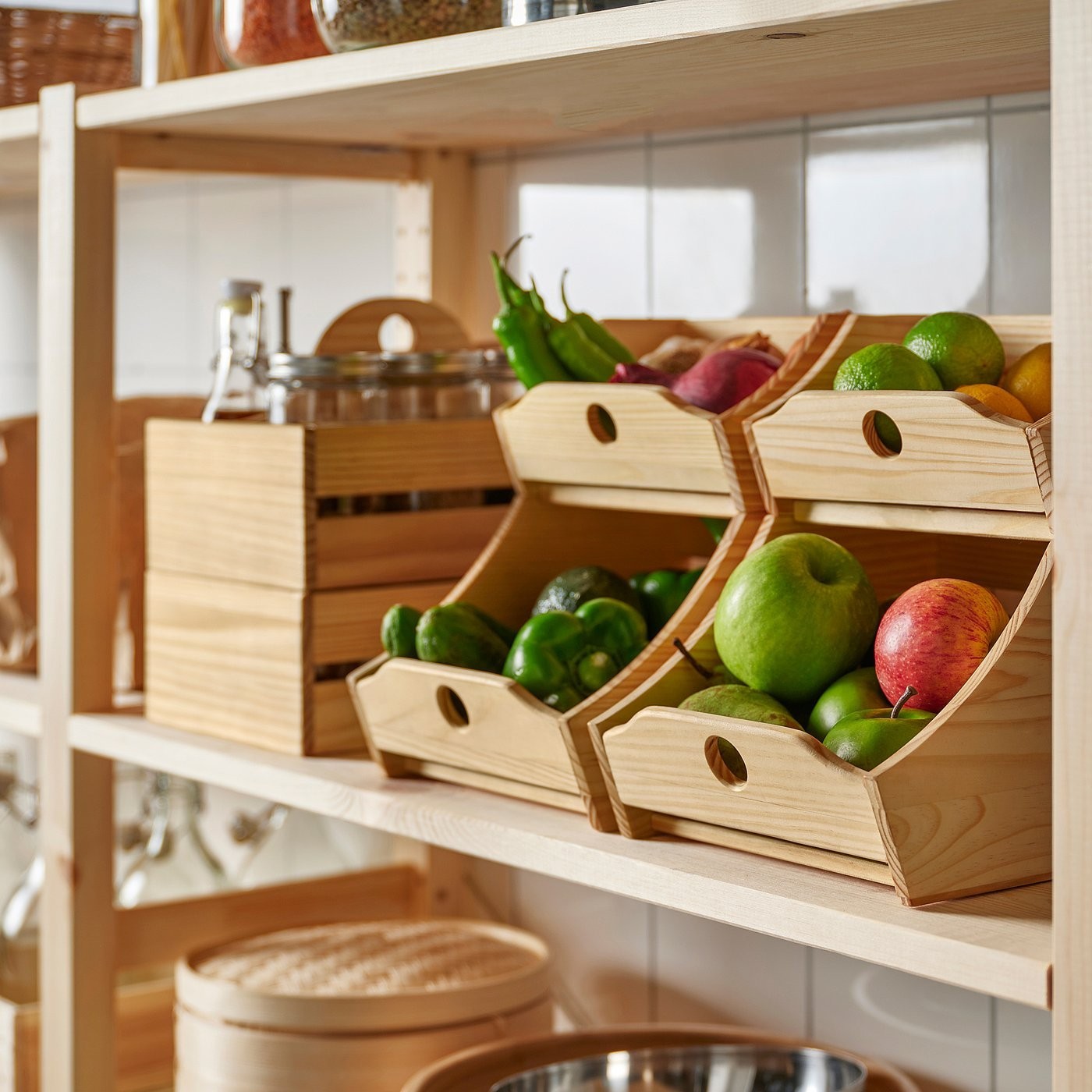 IKEA Solid Wood Food Storage Boxes Set of 2 Stackable Pine Fruit Basket