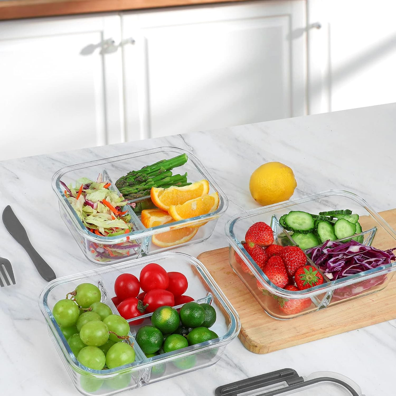 [5-Pack, 36 Oz] Glass Meal Prep Containers 3 Compartment with Lids, Glass Lunch