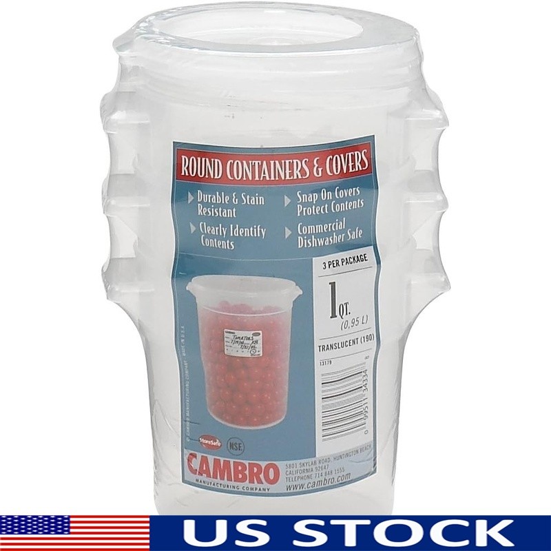 3 Pack Round 1 Quart Food Storage Containers Snap-on Lids Dishwasher Safe New