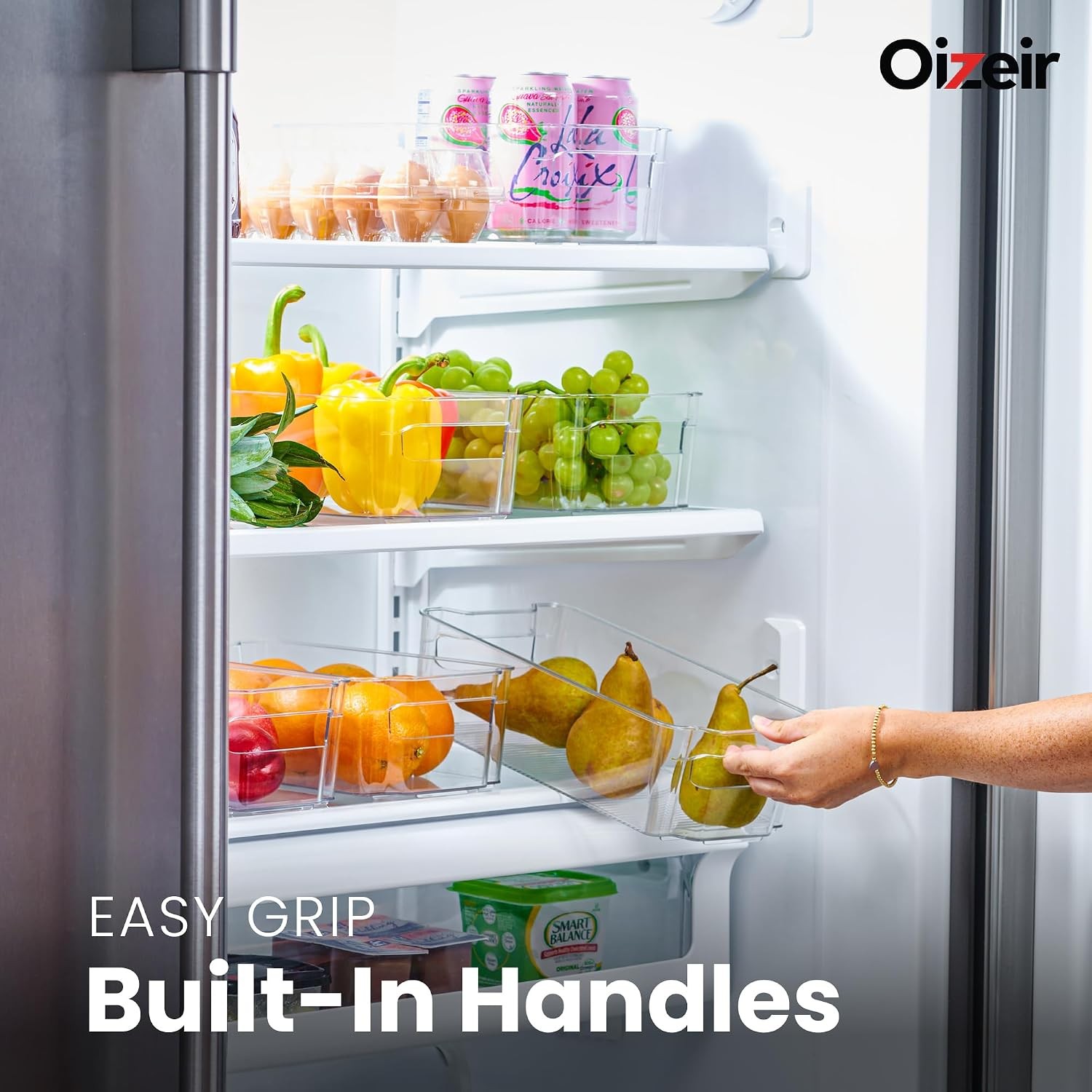 Oizeir 8 Pack Clear Plastic Storage Bins with Handles – Stackable Fridge Organiz