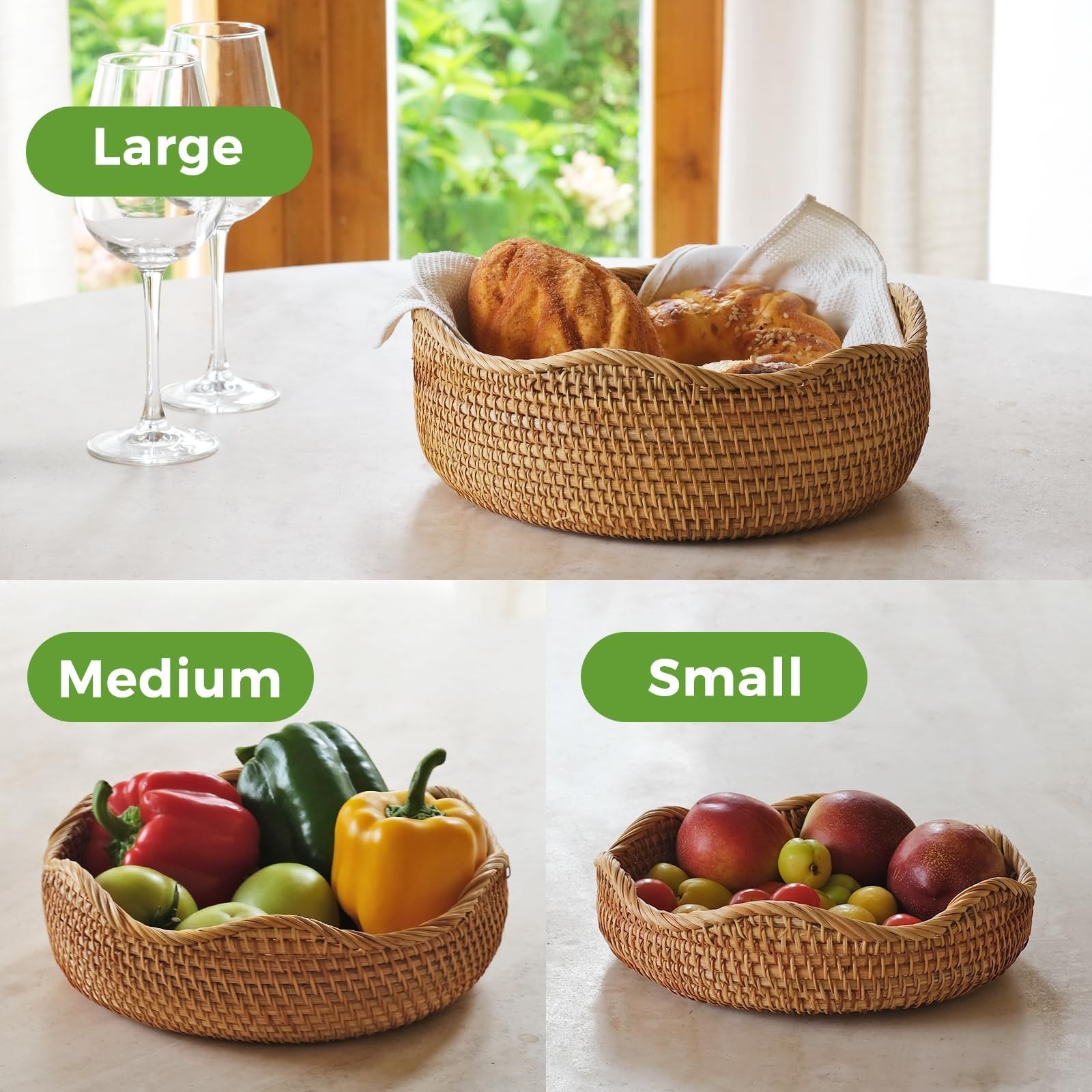 Rattan Bread Baskets Set of 3, Round Woven Serving Basket Bowls, Natural Wick…