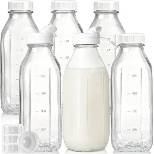 Liter Glass Milk Bottles w 100% Airtight Heavy Duty Screw Lid & 2 Dispenser- 6