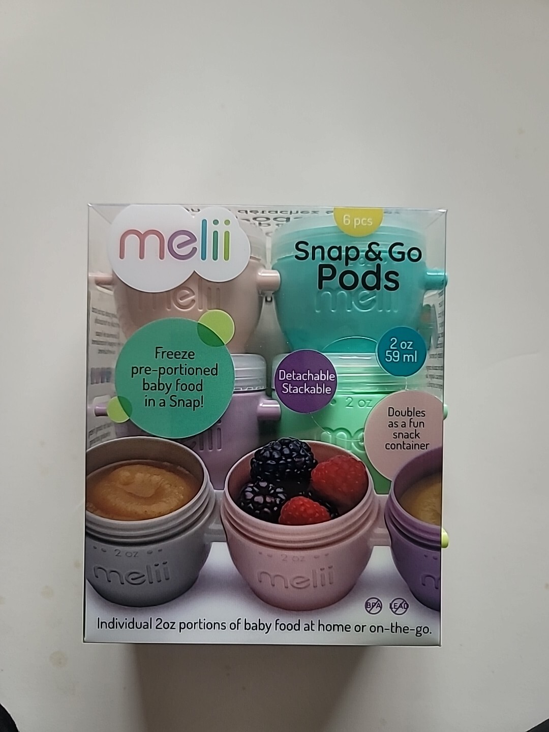 Melii NEW Snap & Go Pods Baby Food Storage Containers with lids, 2oz 6-pack