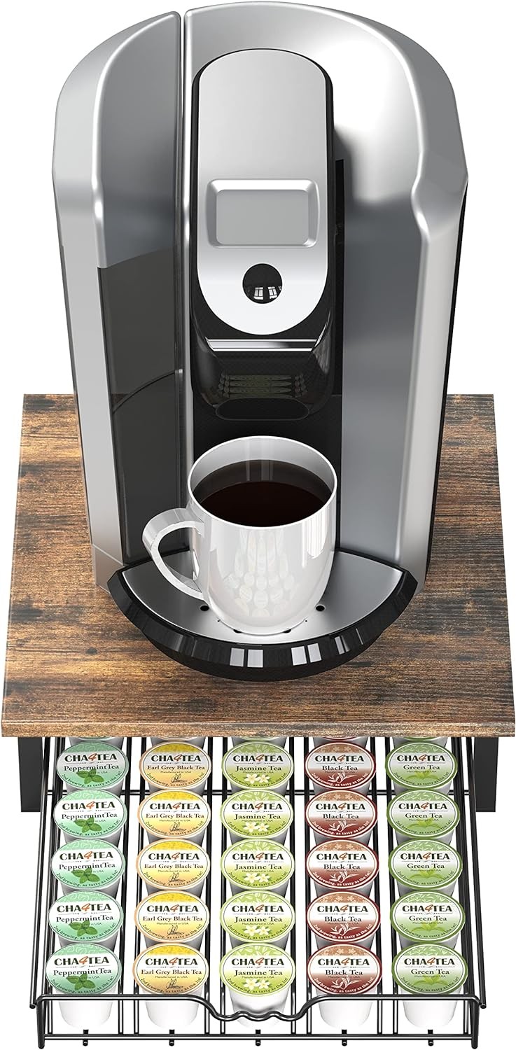 DecoBrothers K-Cup Holder Drawer for 30 Capsules, Rustic Brown with Wood Top