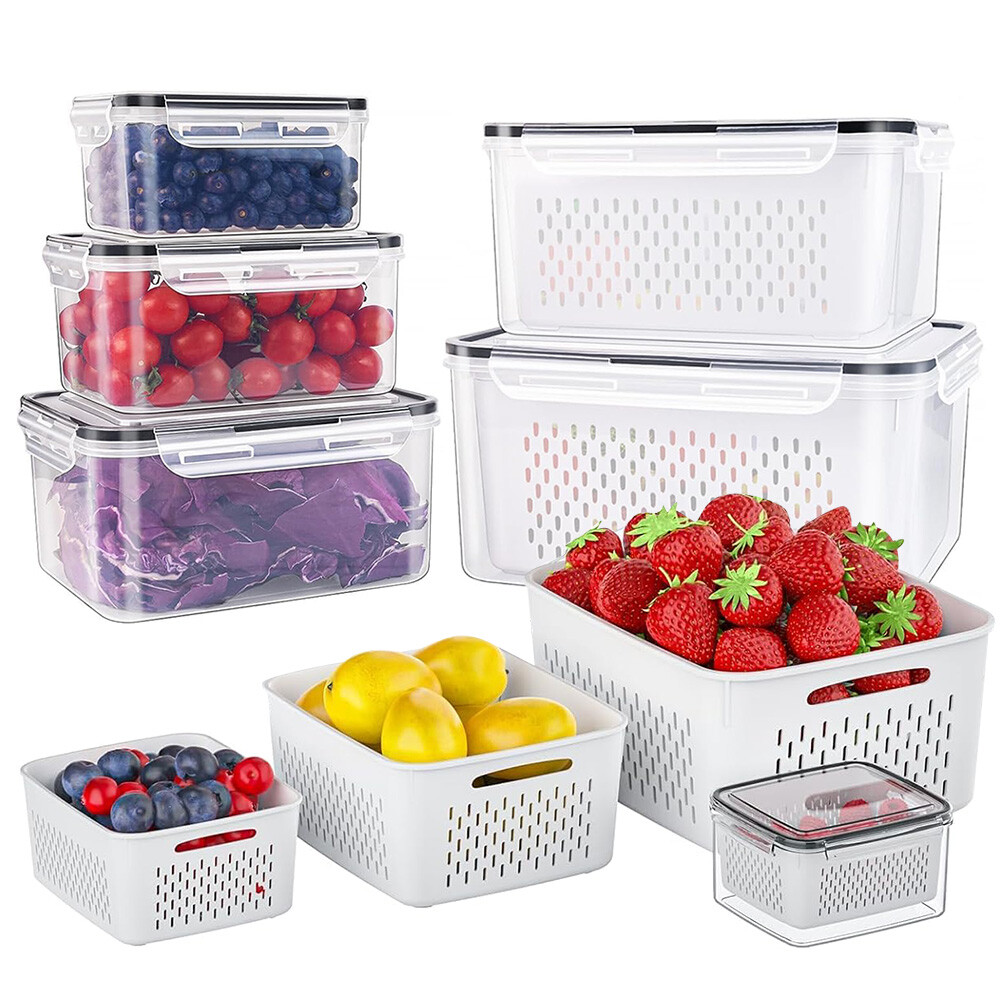6 PCS Fruit Storage Containers for Fridge with Removable Colanders Food Airtight
