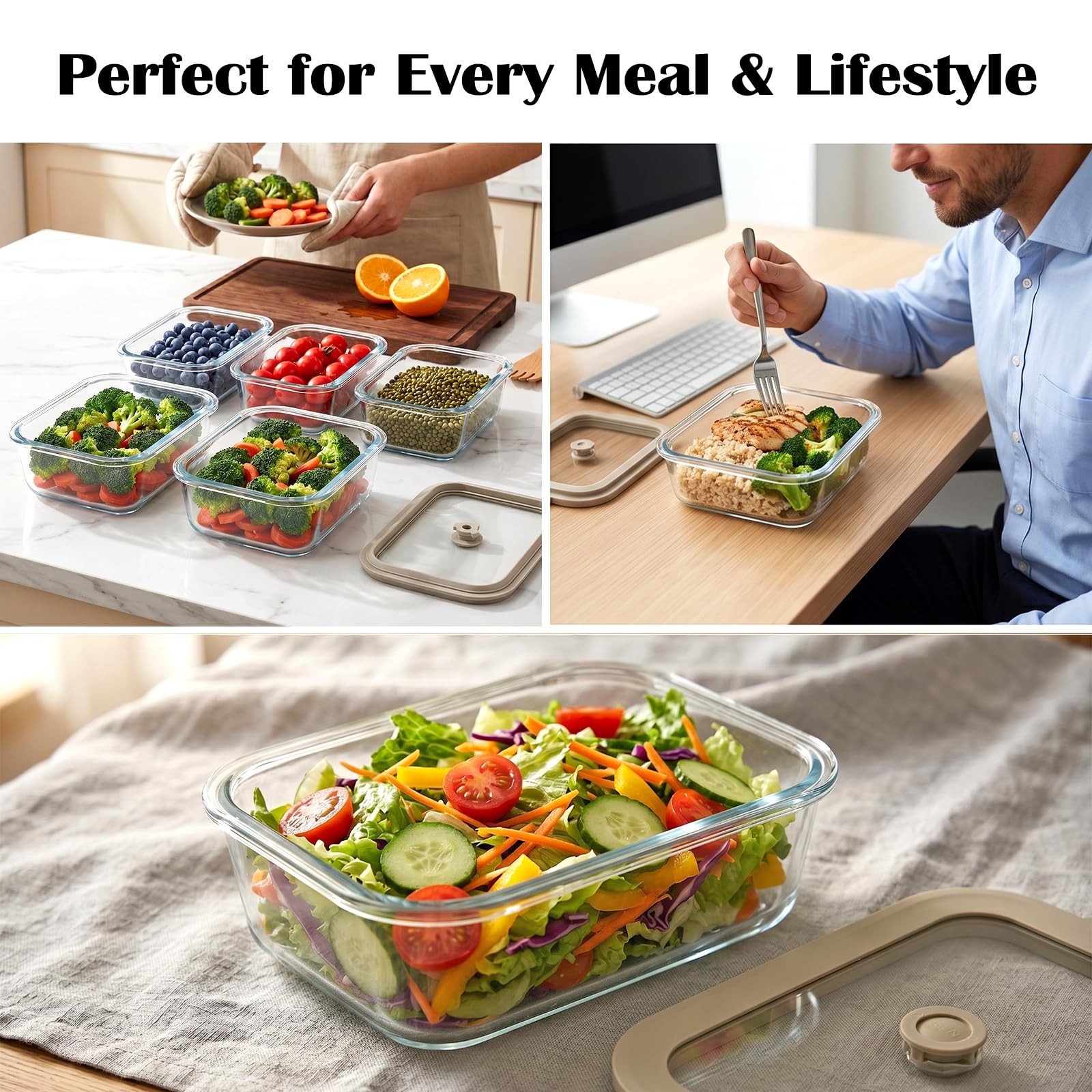 Encheng 5 Pack 35 oz Glass Meal Prep Containers, Plastic-Free Glass Food Stor…