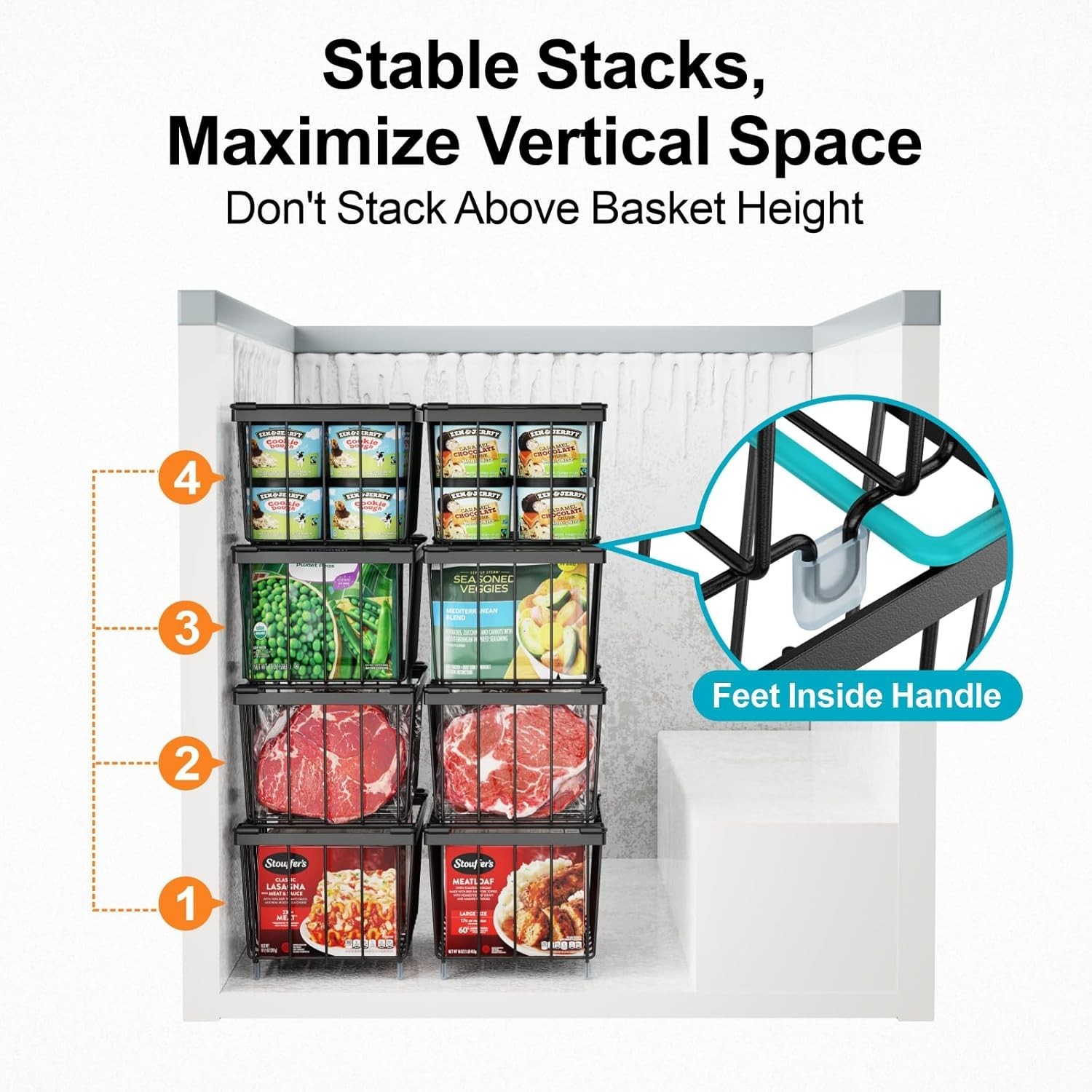 4 Pack Stackable Freezer Organizer Bins – Heavy Duty for 7 Cu.Ft Freezers