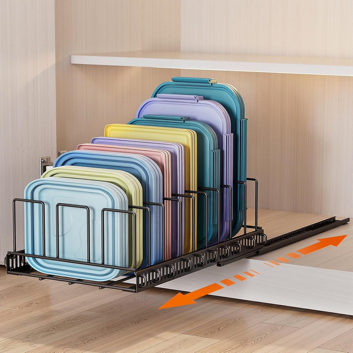 Sliding Lid Organizer for Tupperware – Pull Out Rack with 10 Dividers