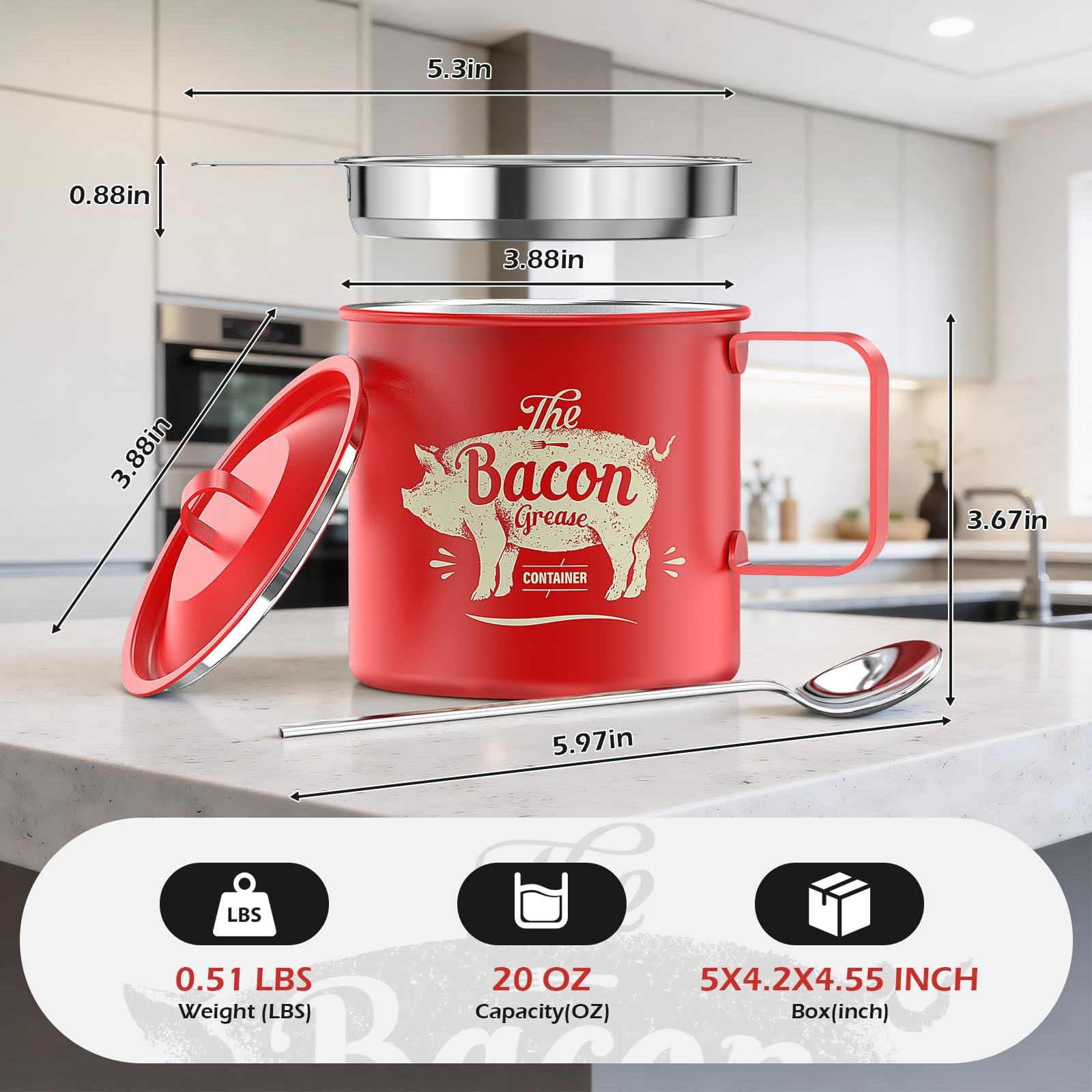 PGYARD Mini Bacon Grease Saver With Strainer – 20 OZ Stainless Steel Oil Cont…