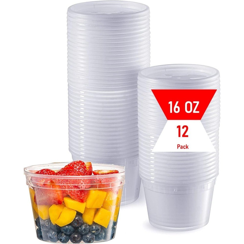 16 oz Clear Deli Containers with Lids, 12-Pack, Airtight Reusable Plastic Food