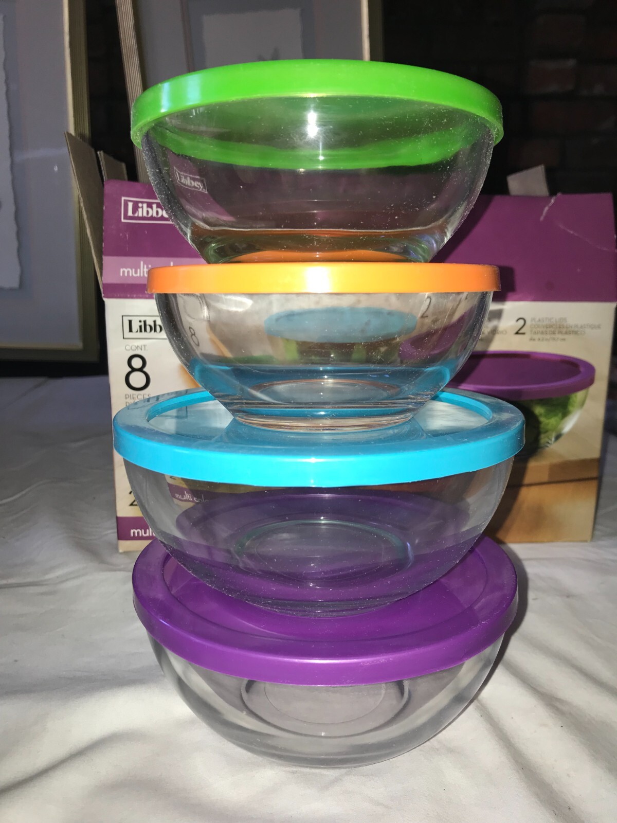 NOS htf LIBBEY Glass 8-Piece SET Food STORAGE Container BOWLS with Plastic LIDS
