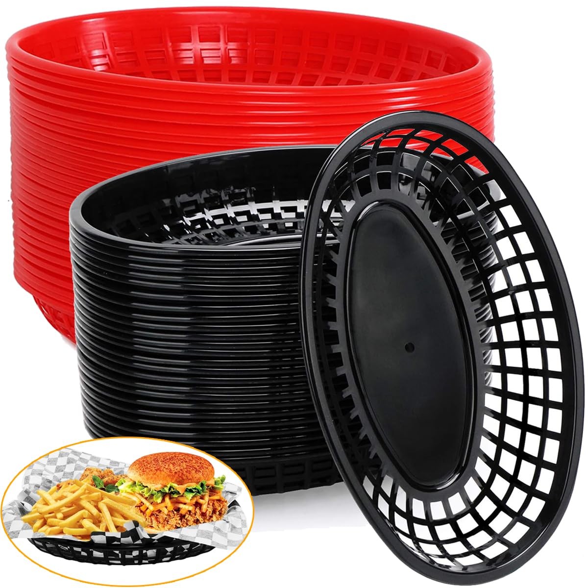 50 PCS Black Red Plastic Oval Fast Food Serving Baskets For Bread 9×5.7 In