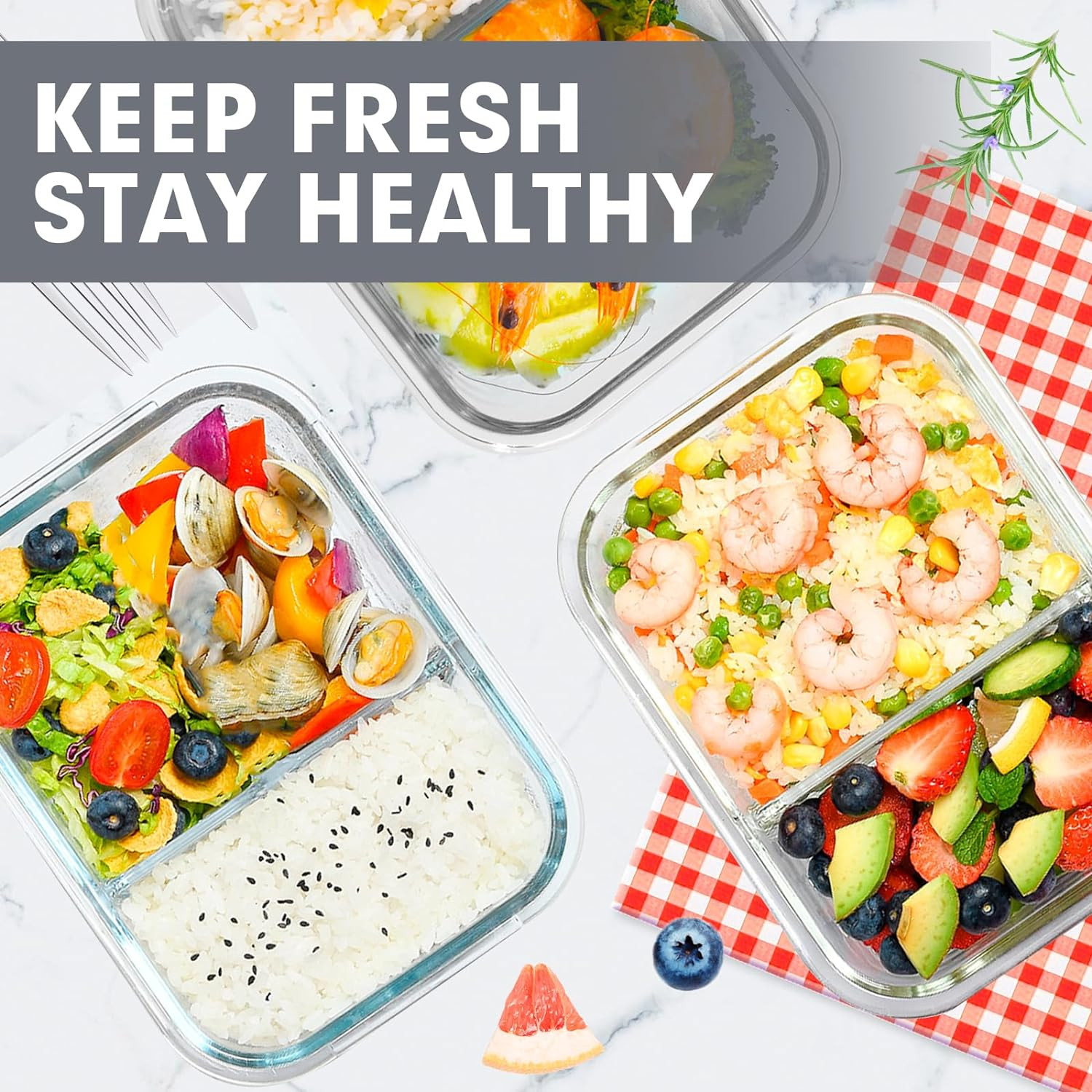 VERONES 5 Pack Glass Meal Prep Containers 2 Compartment Set, 36OZ Airtight Glass