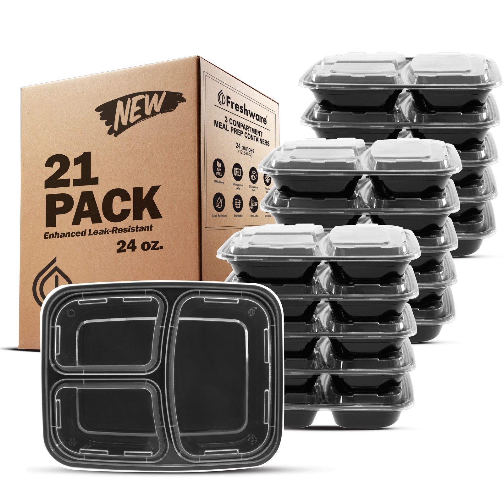 Freshware Meal Prep Containers 21 Count (Pack of 1), 3 3-COMP-21PK, Black